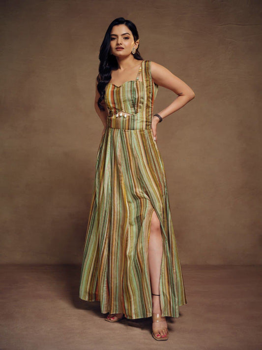 Multi color silk printed gown with dupatta