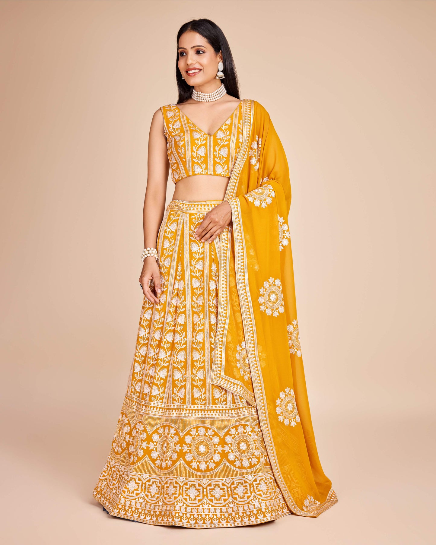 Yellow color georgette lehenga choli for women