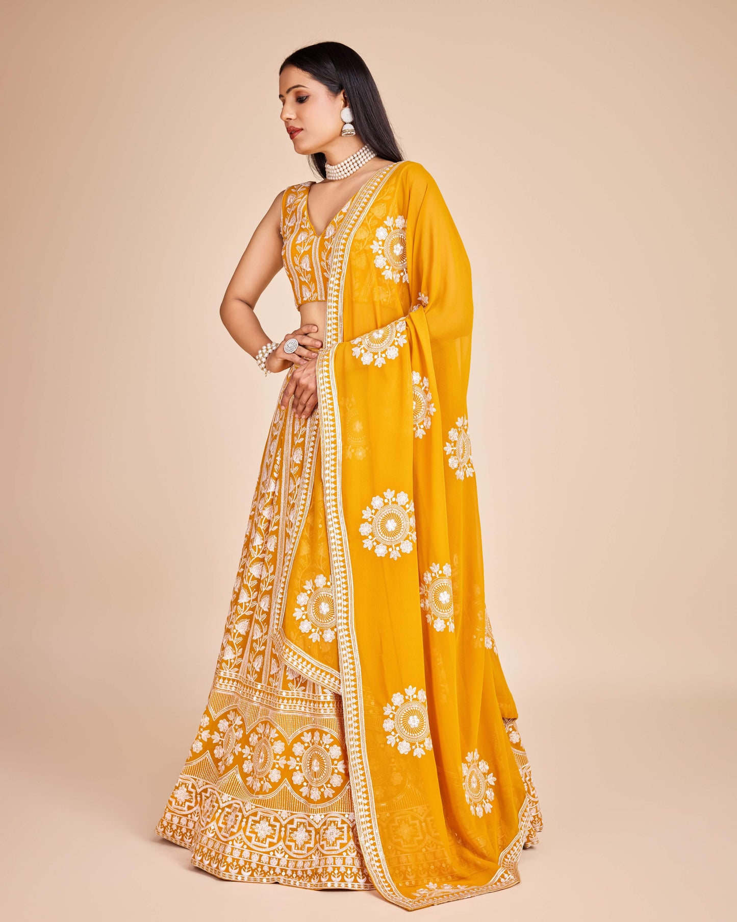 Yellow color georgette lehenga choli for wedding