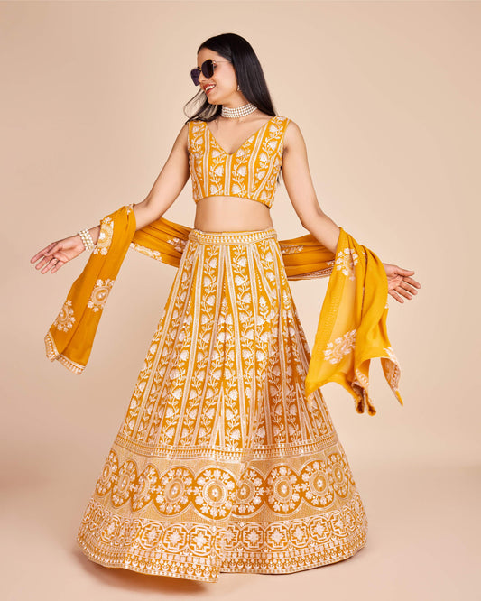Yellow color georgette lehenga choli with dupatta price