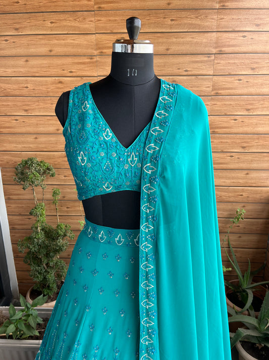 Rama color georgette lehenga choli with dupatta online