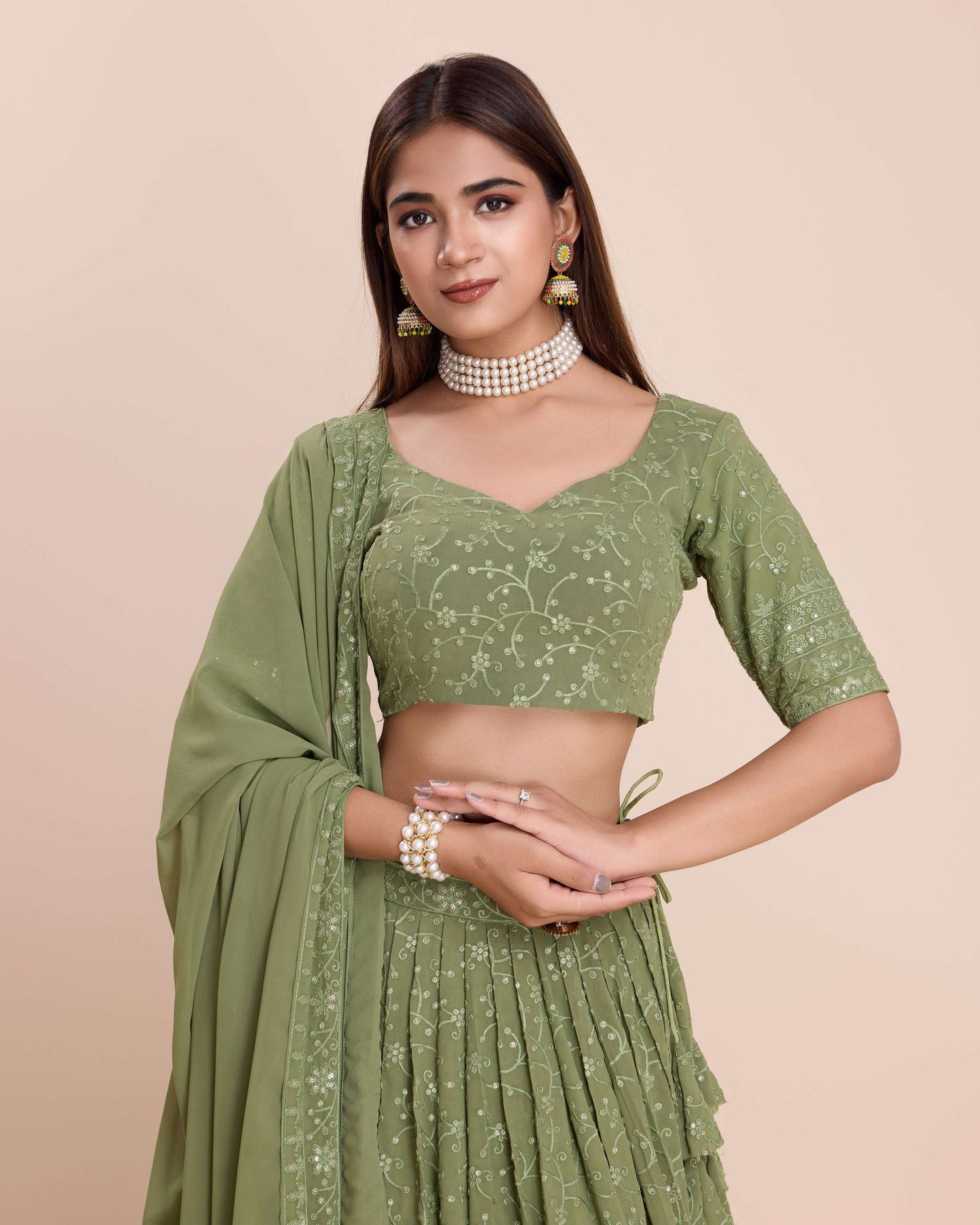 Green color georgette lehenga choli for women