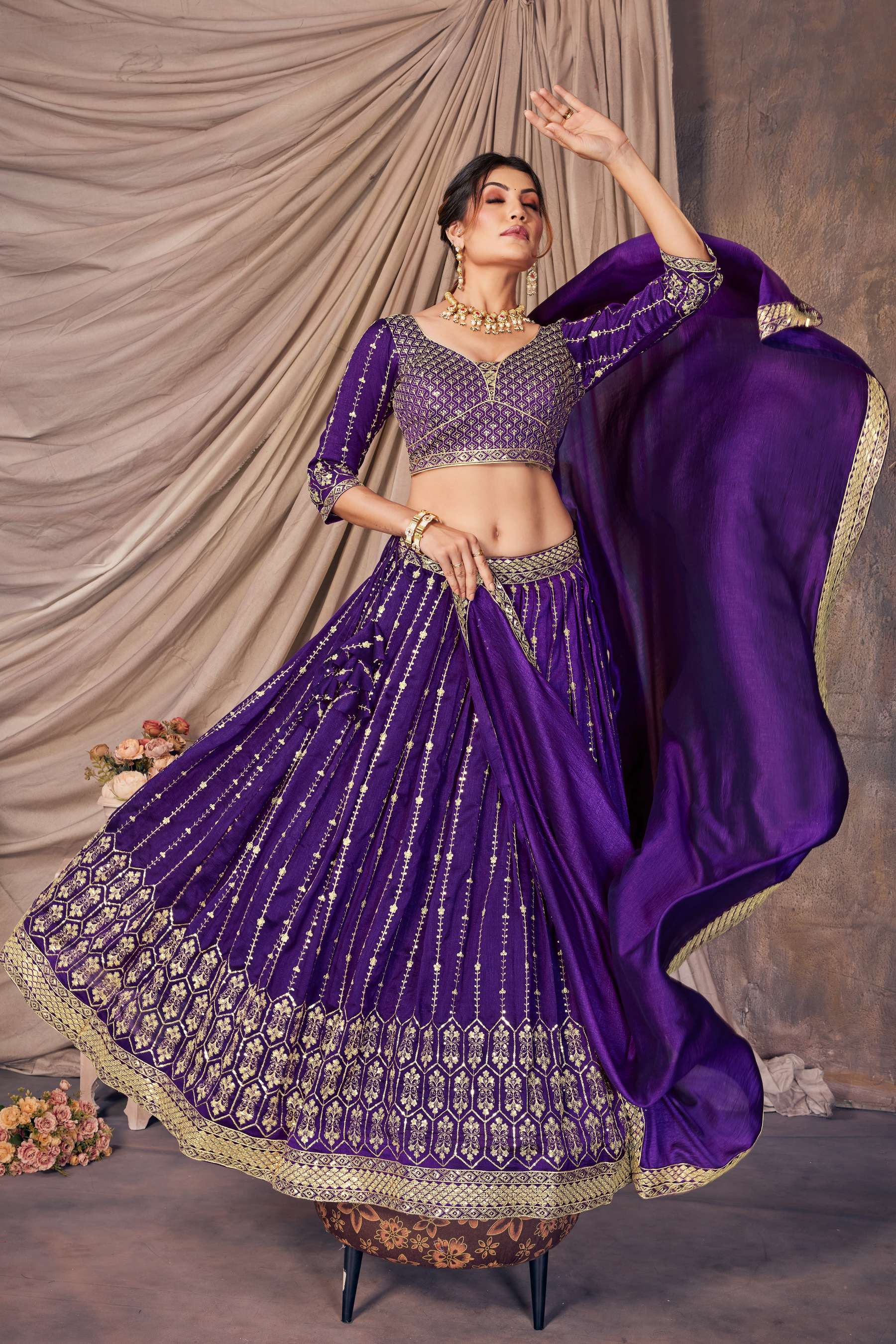 Purple color vichitra silk lehenga choli for wedding