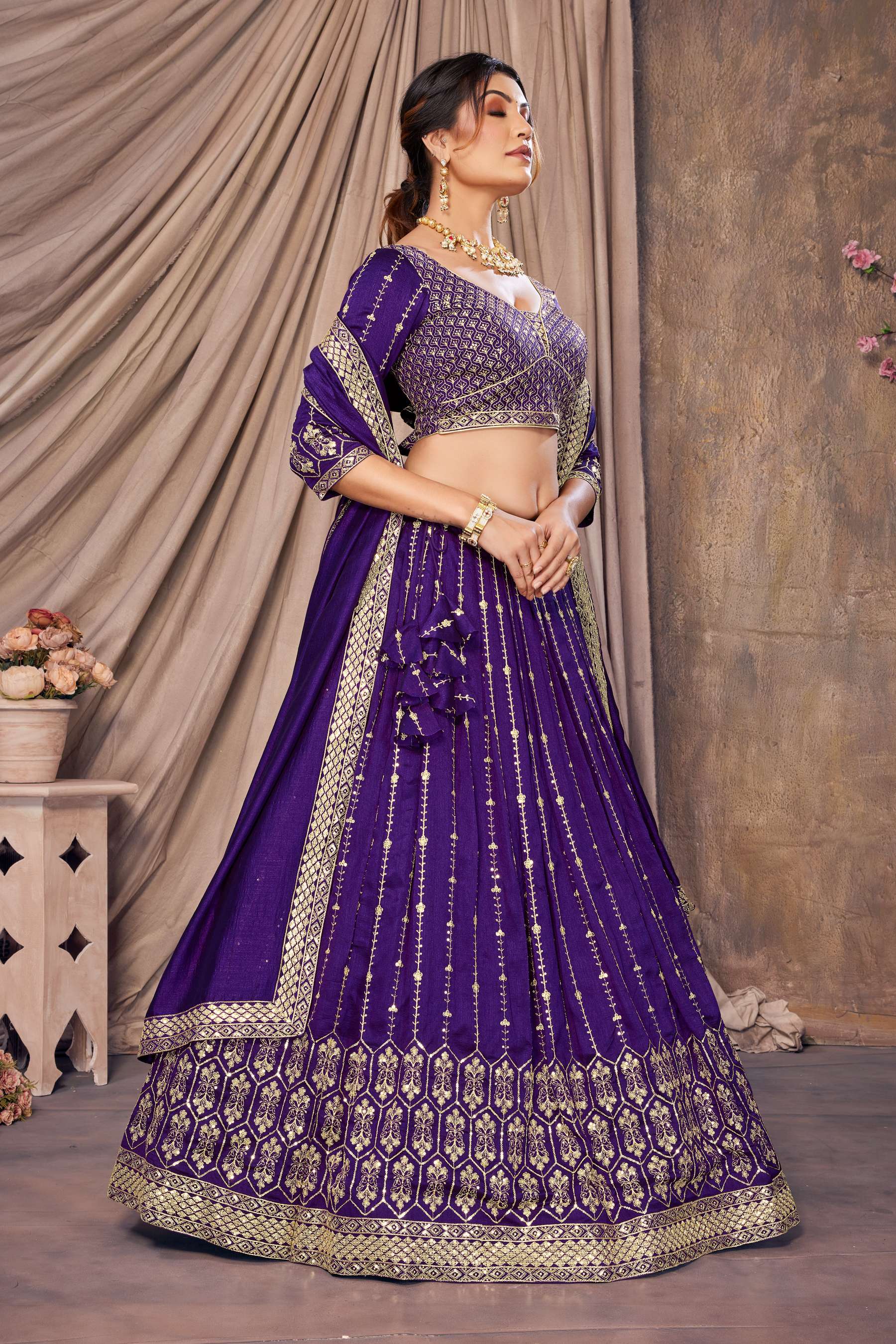 Purple color vichitra silk lehenga choli with dupatta