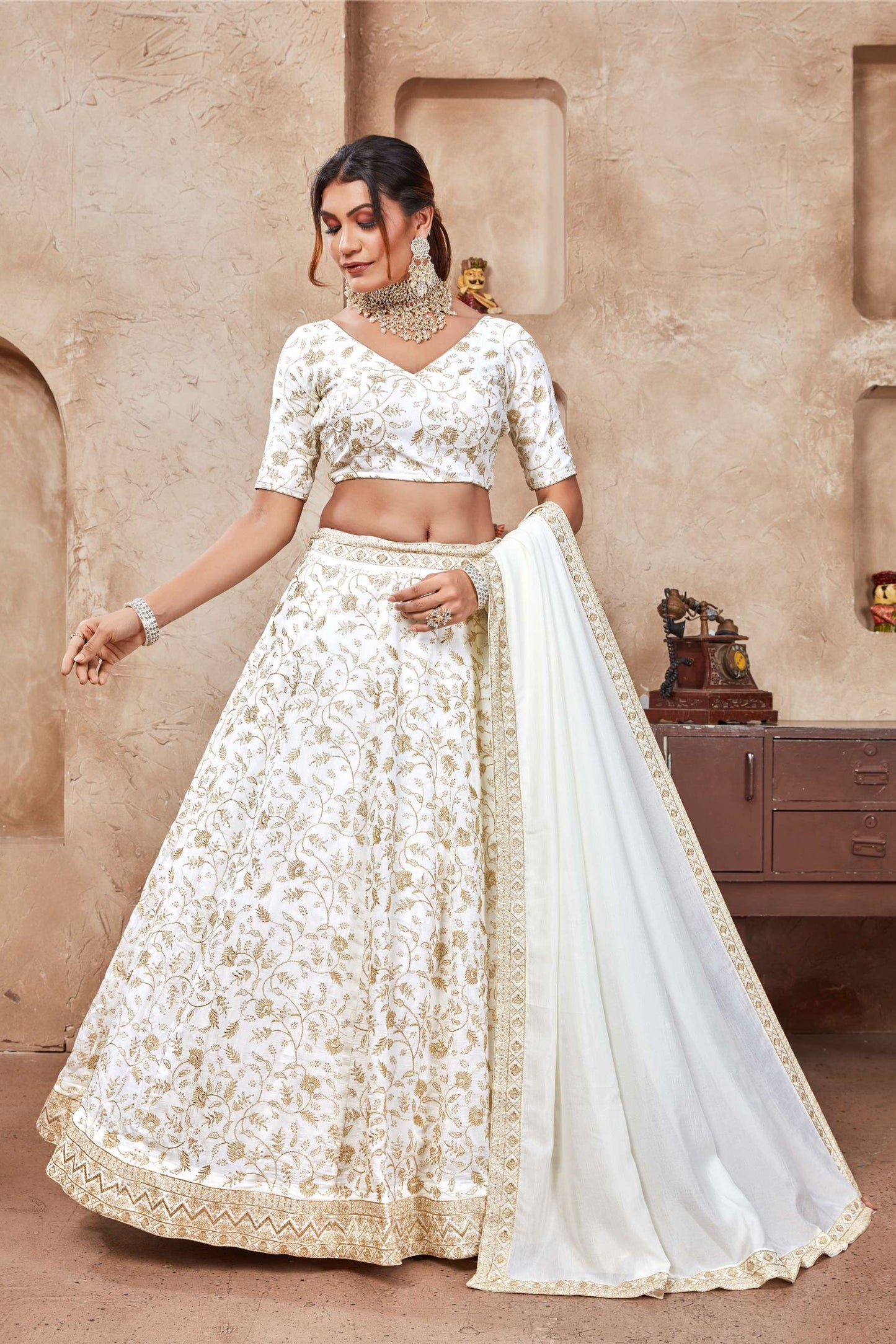 White color vichitra silk lehenga choli with dupatta images