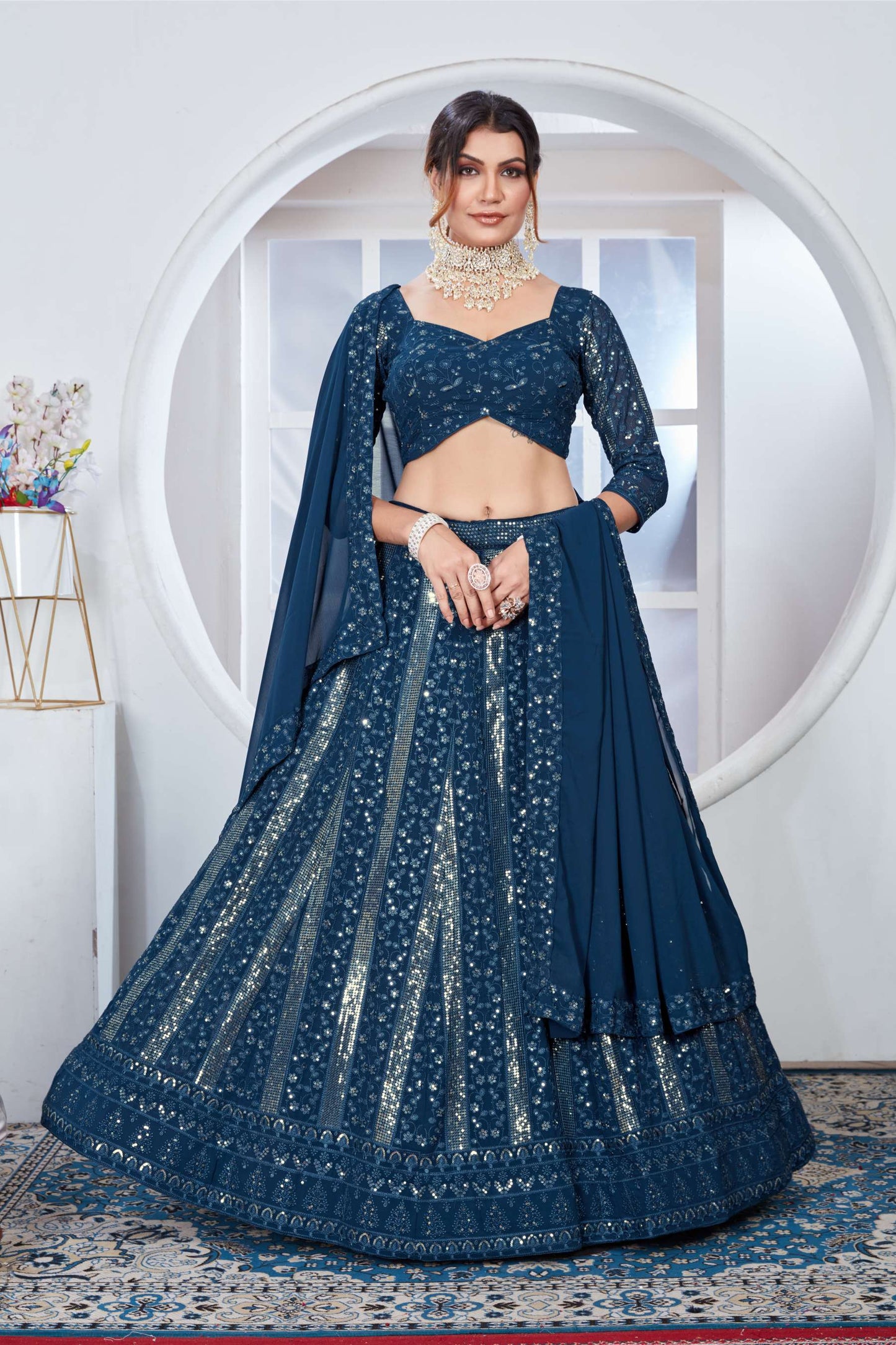 Teal color georgette lehenga choli for women