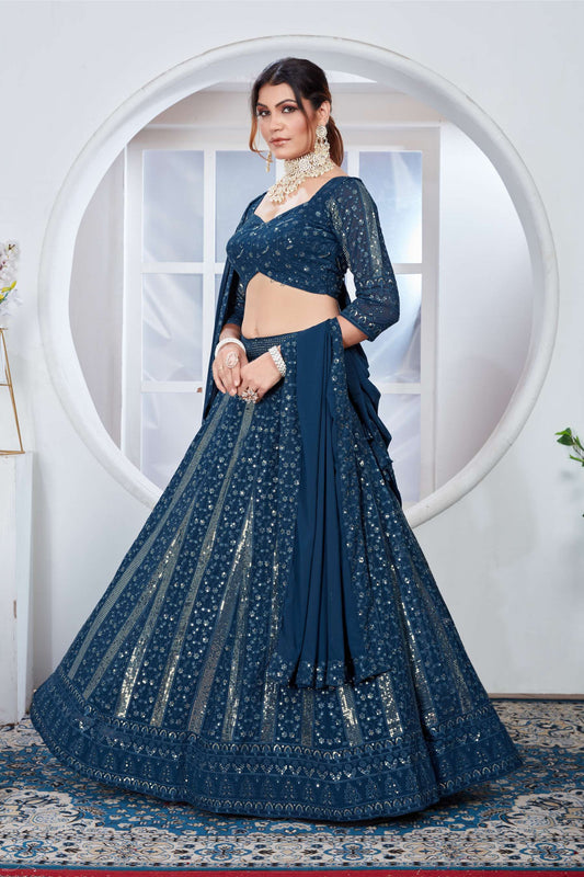 Teal color georgette lehenga choli for wedding