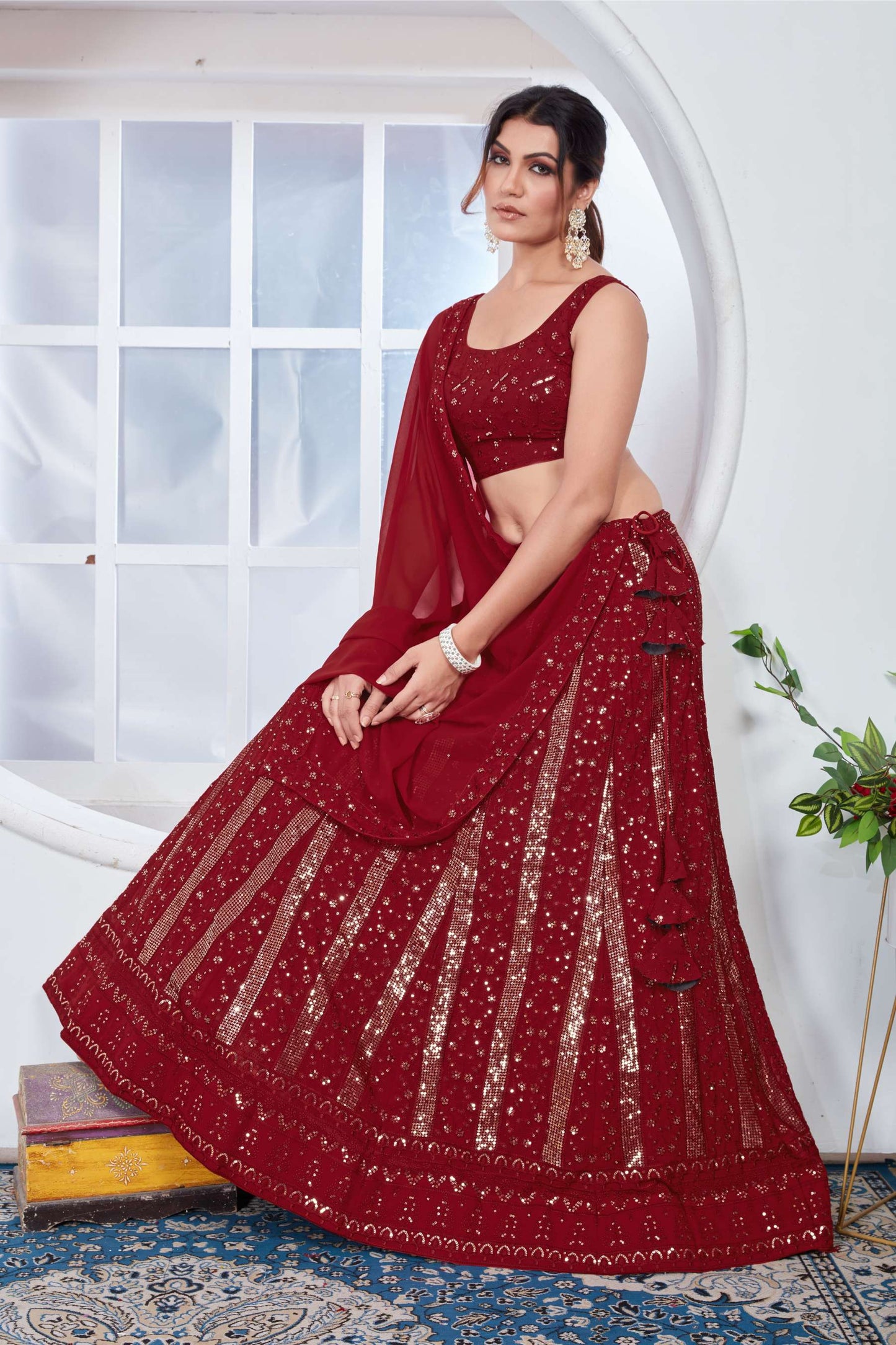 Red color georgette lehenga choli with dupatta images