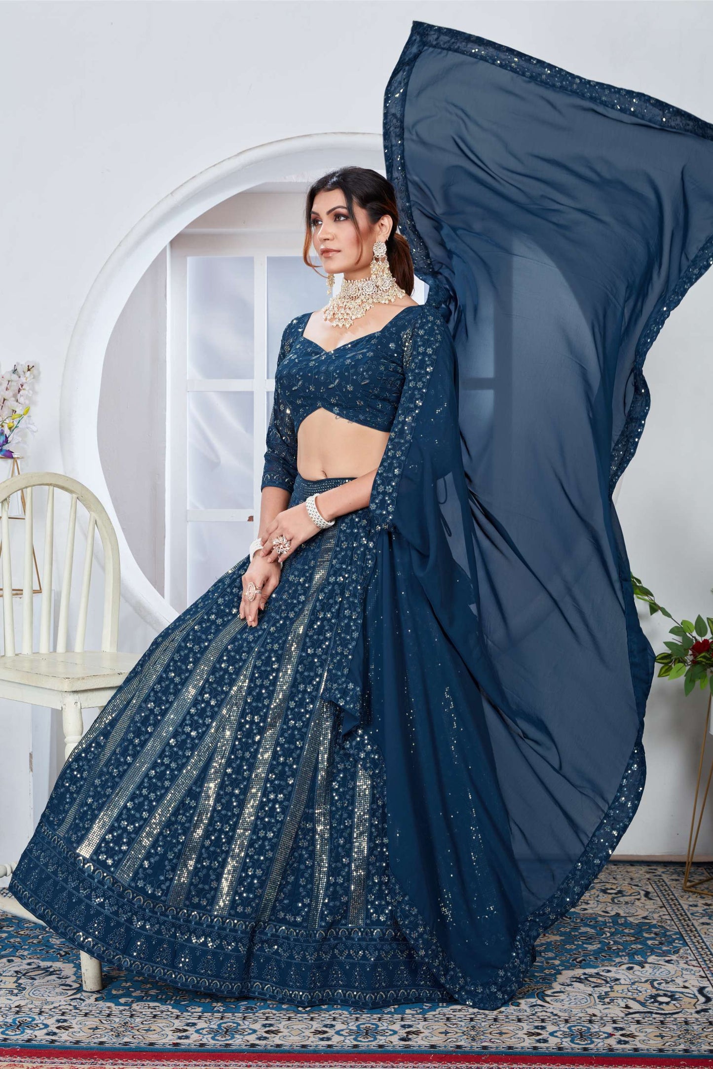 Teal color georgette lehenga choli with dupatta images