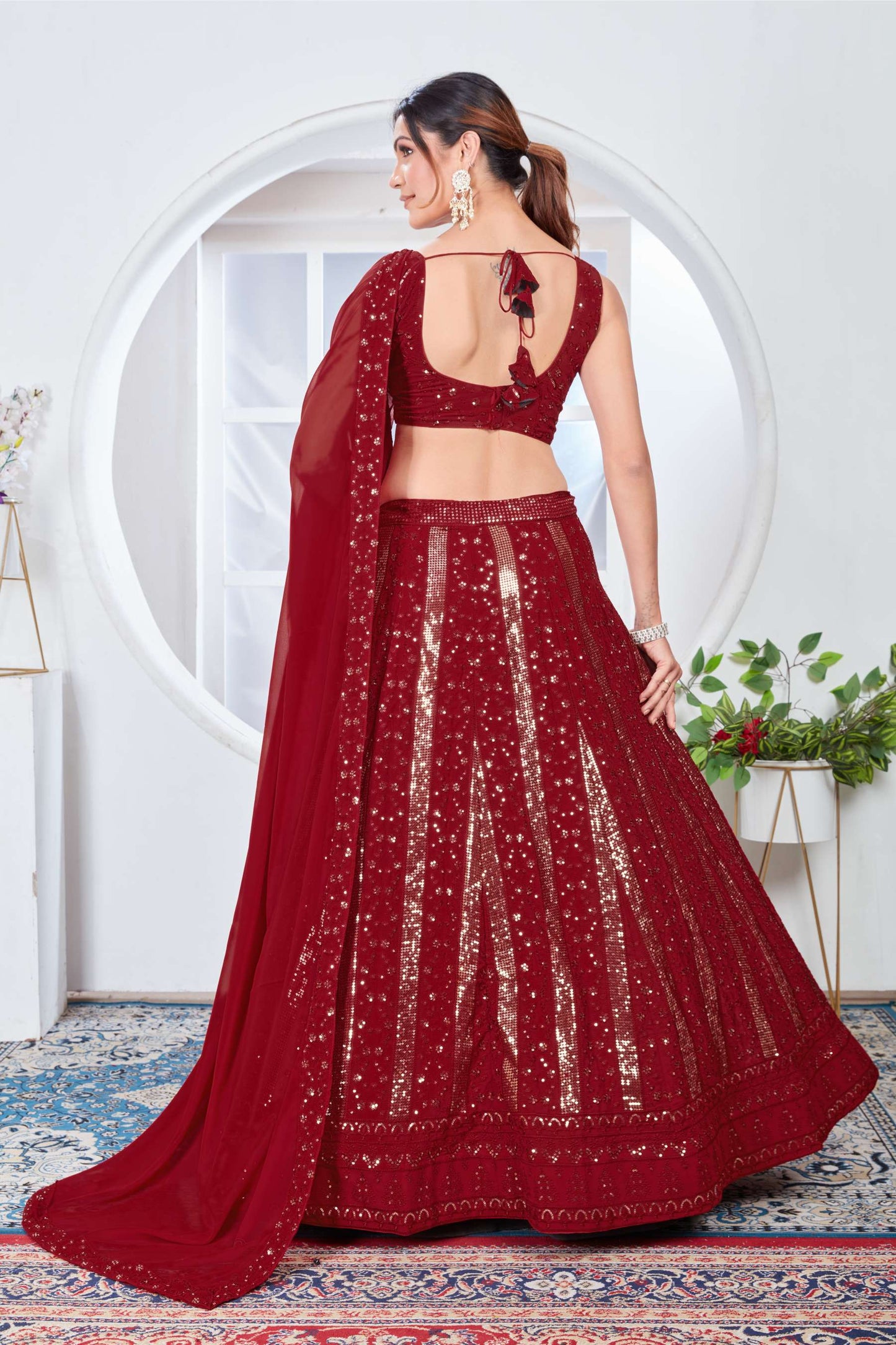 Red color georgette lehenga choli with dupatta online shopping