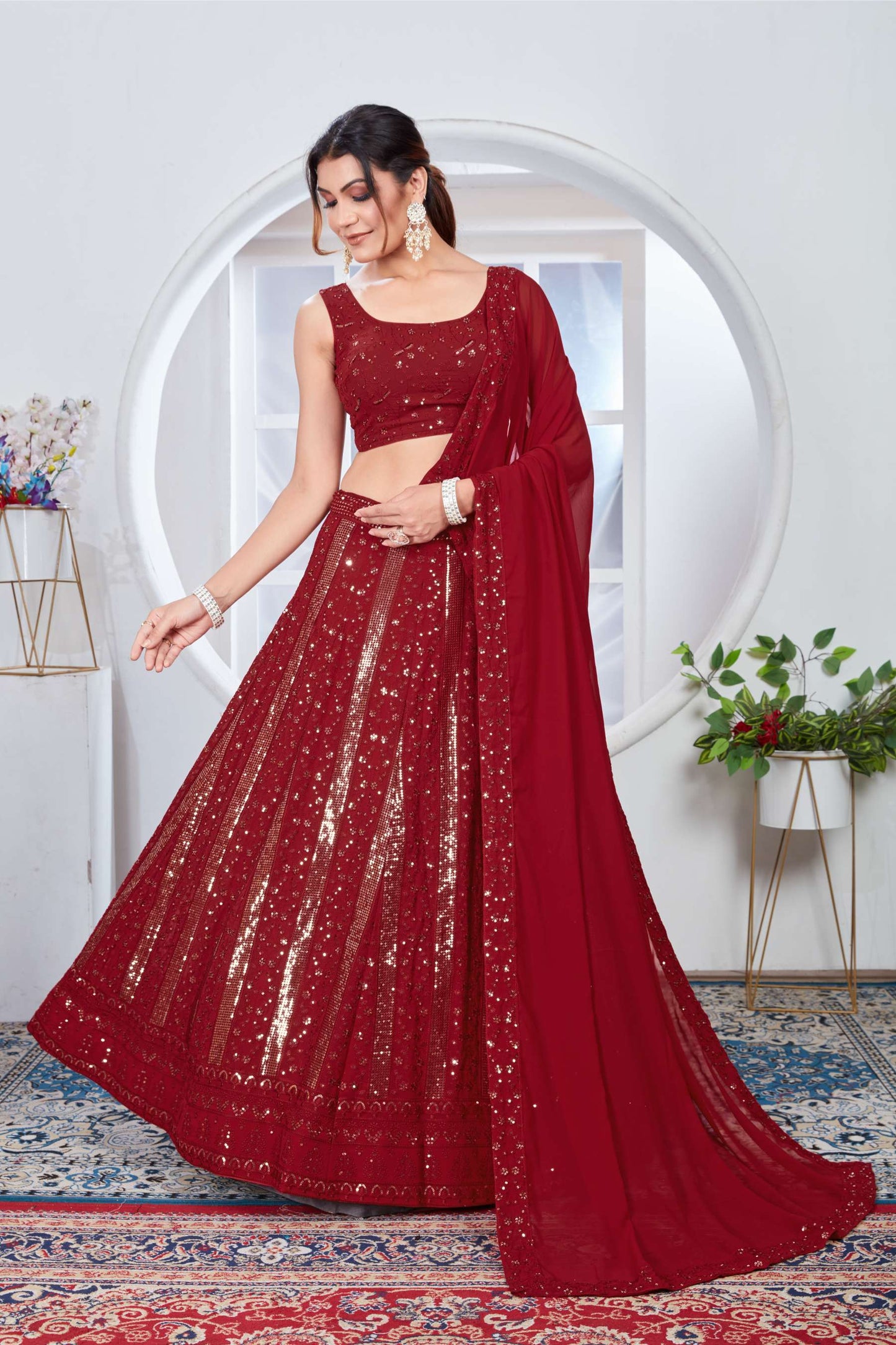 Red color georgette lehenga choli for women
