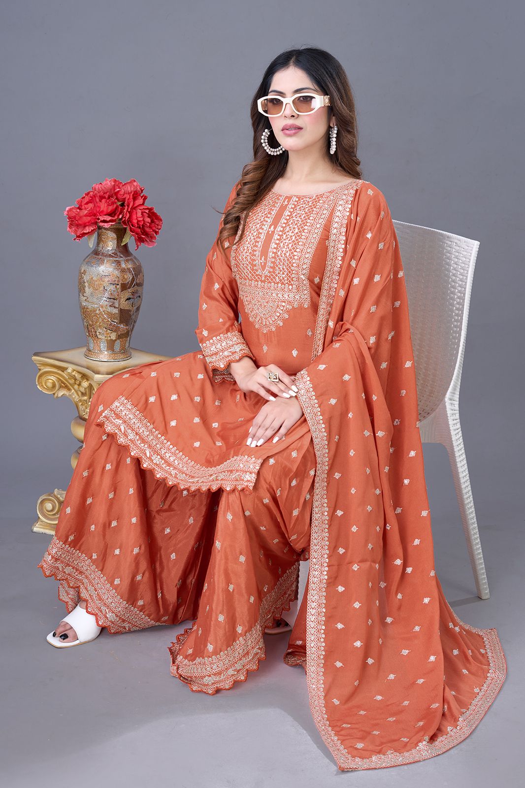 Orange color chinon silk sharara suit for wedding