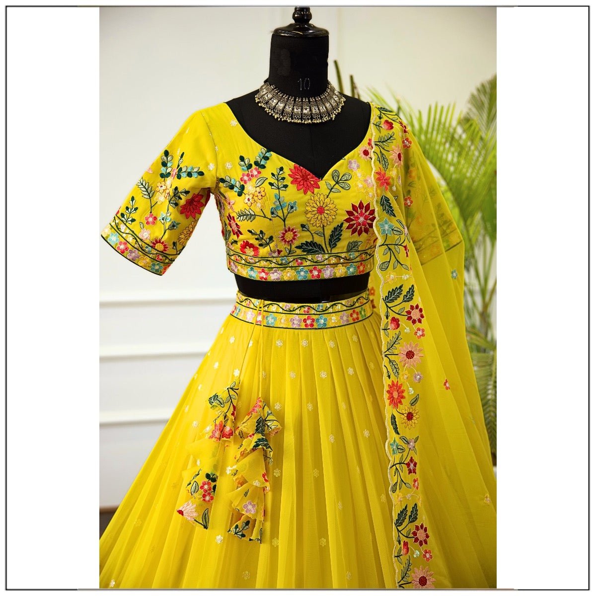 Yellow color crystal lehenga choli with dupatta price