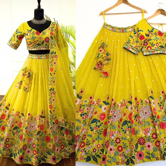 Yellow color crystal lehenga choli for wedding
