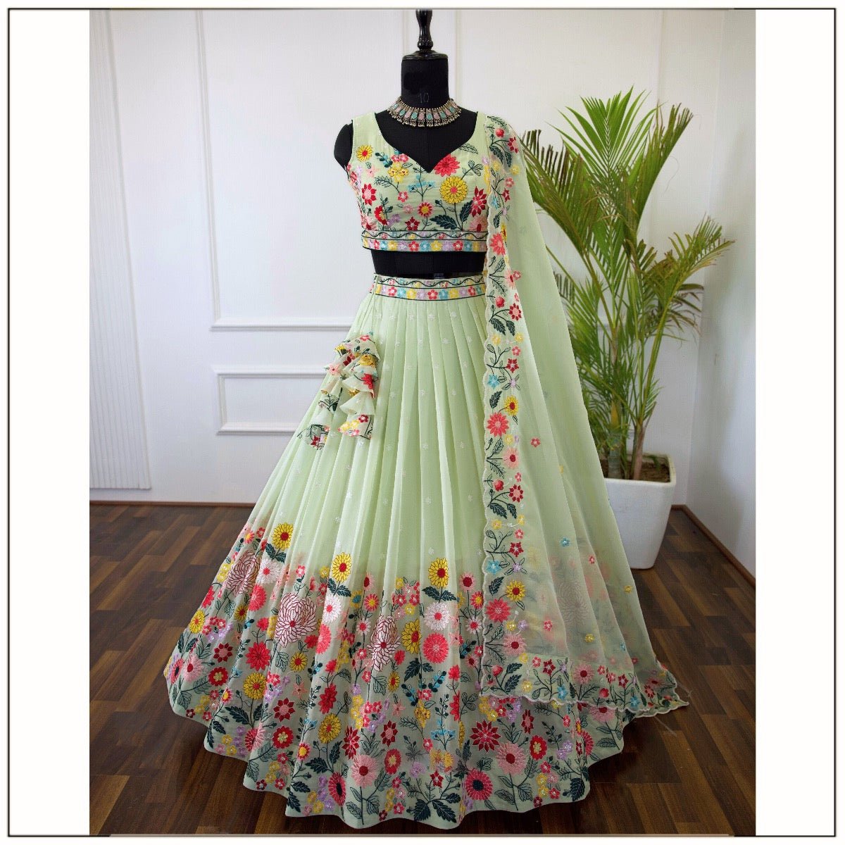 Pista color crystal lehenga choli for women