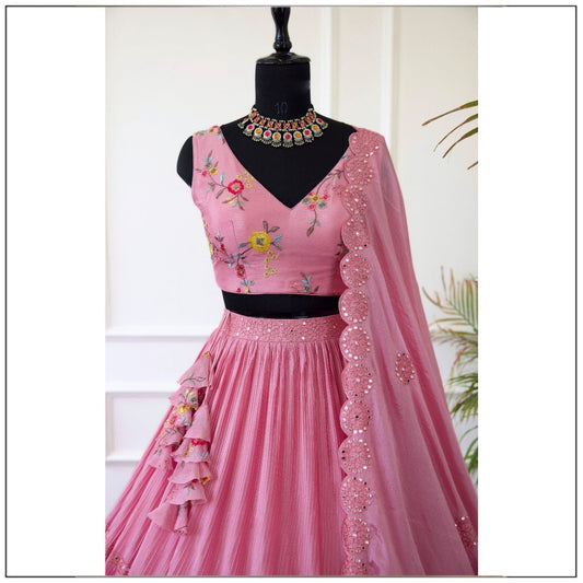Pink color vichitra silk lehenga choli for wedding