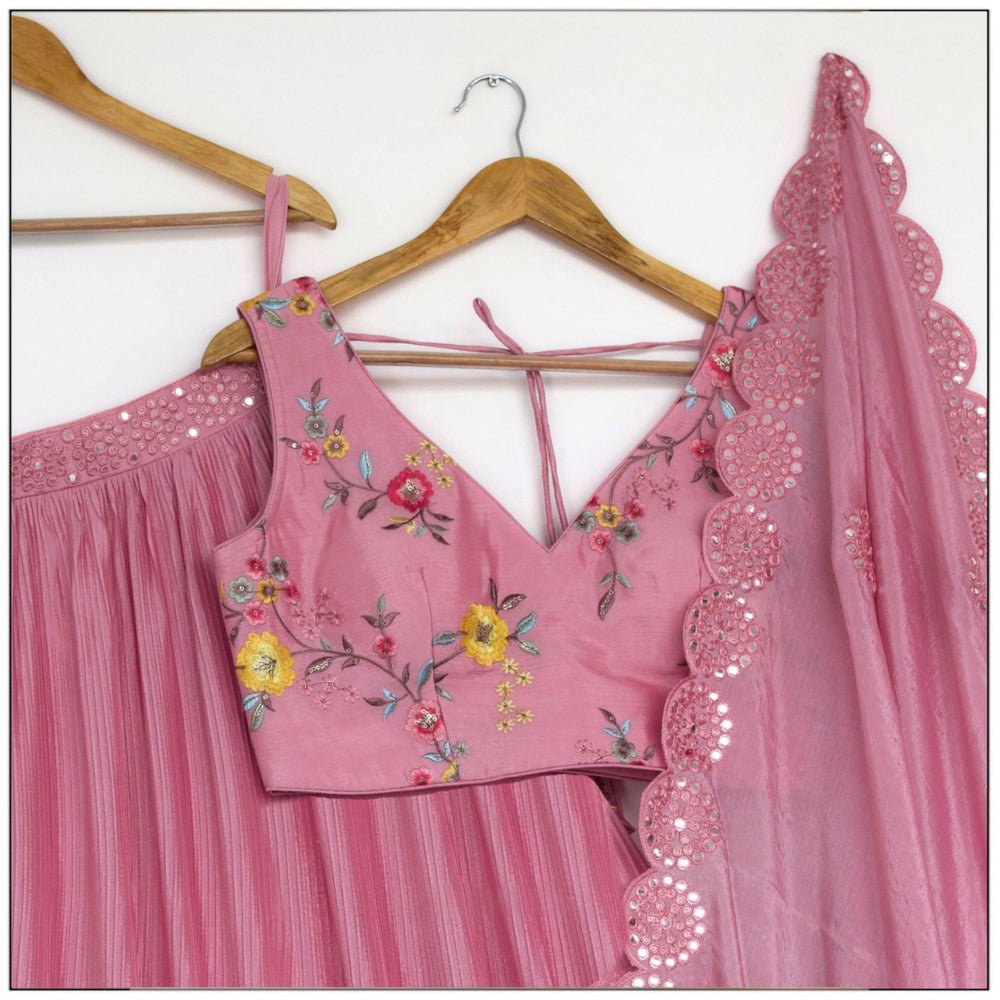 Pink color vichitra silk lehenga choli with dupatta online