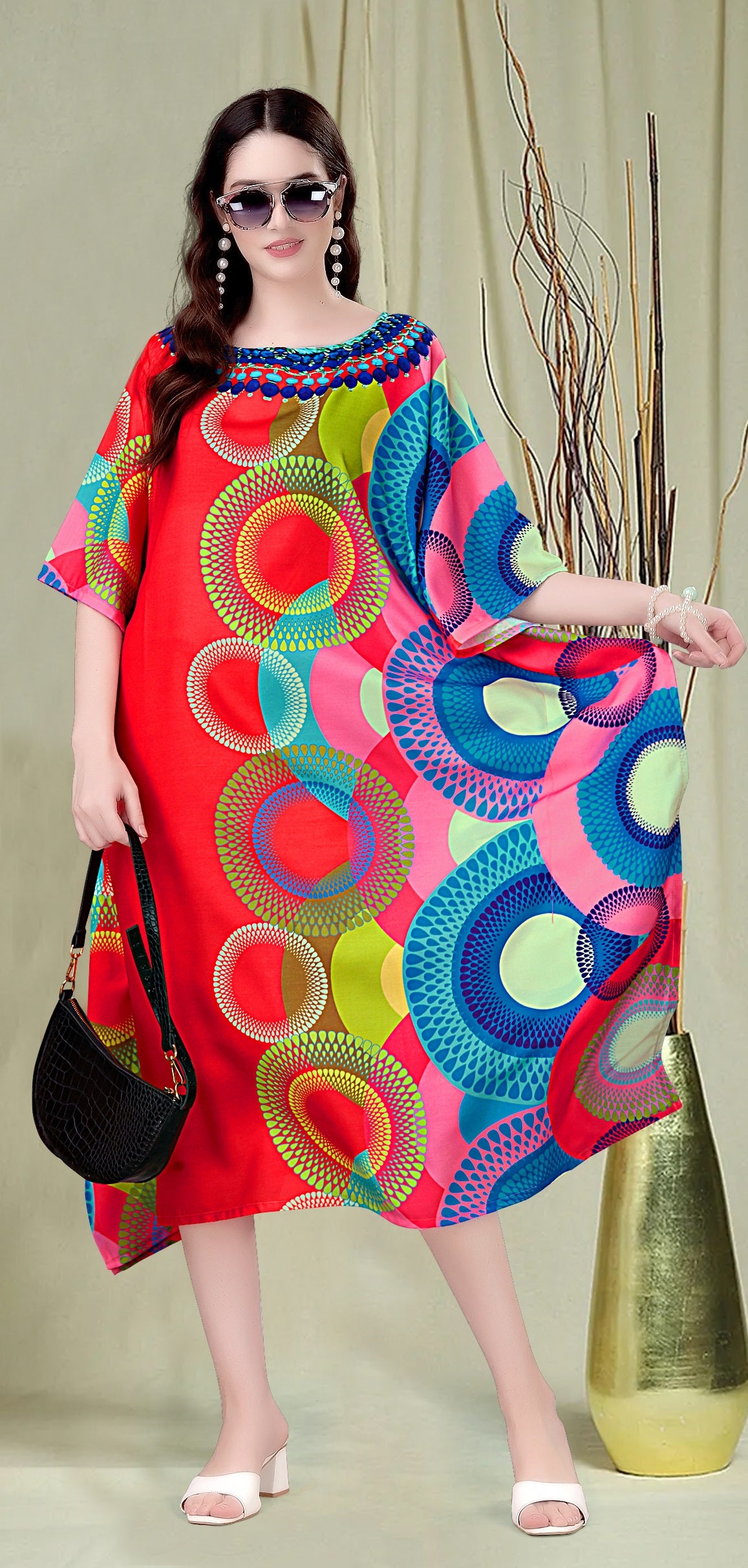 Christmas Party Printed Cherry Red Casual Wear Kaftan