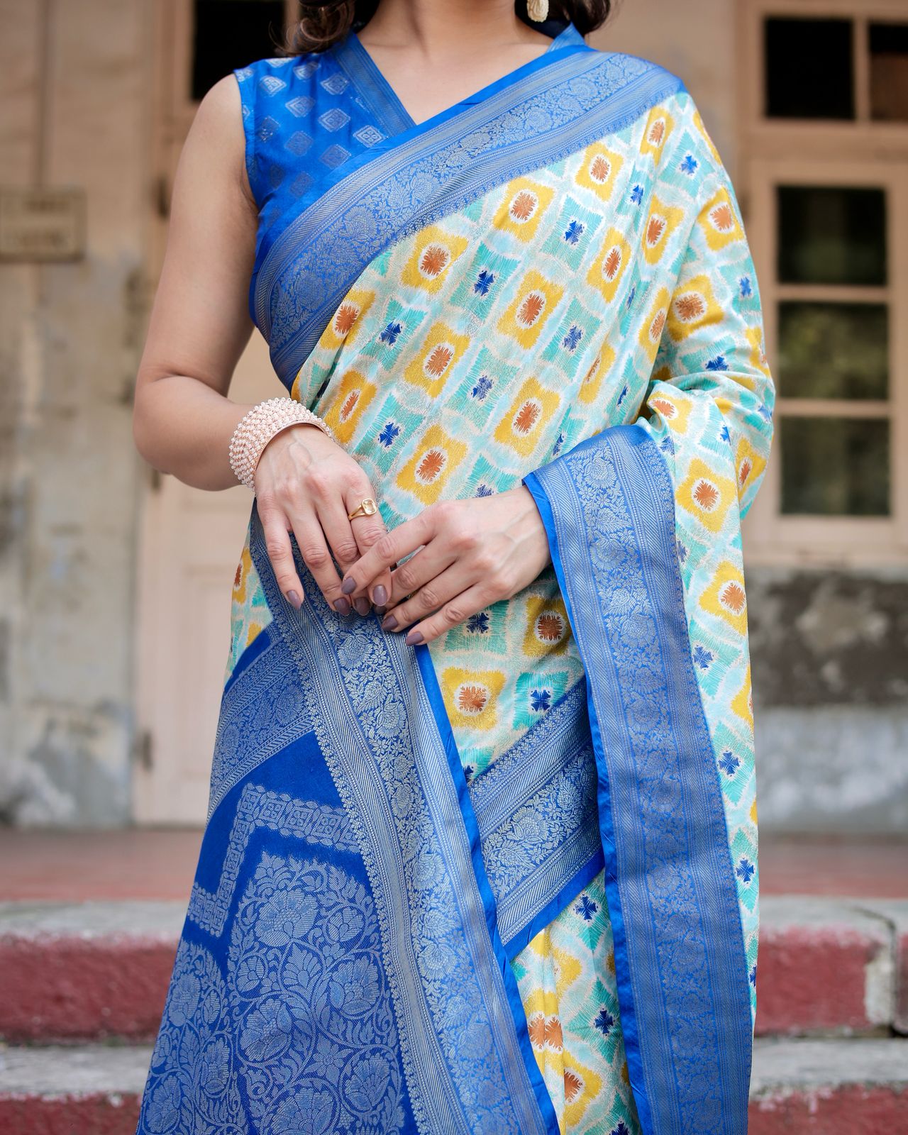 Sky blue color banarasi silk saree with blouse online shopping