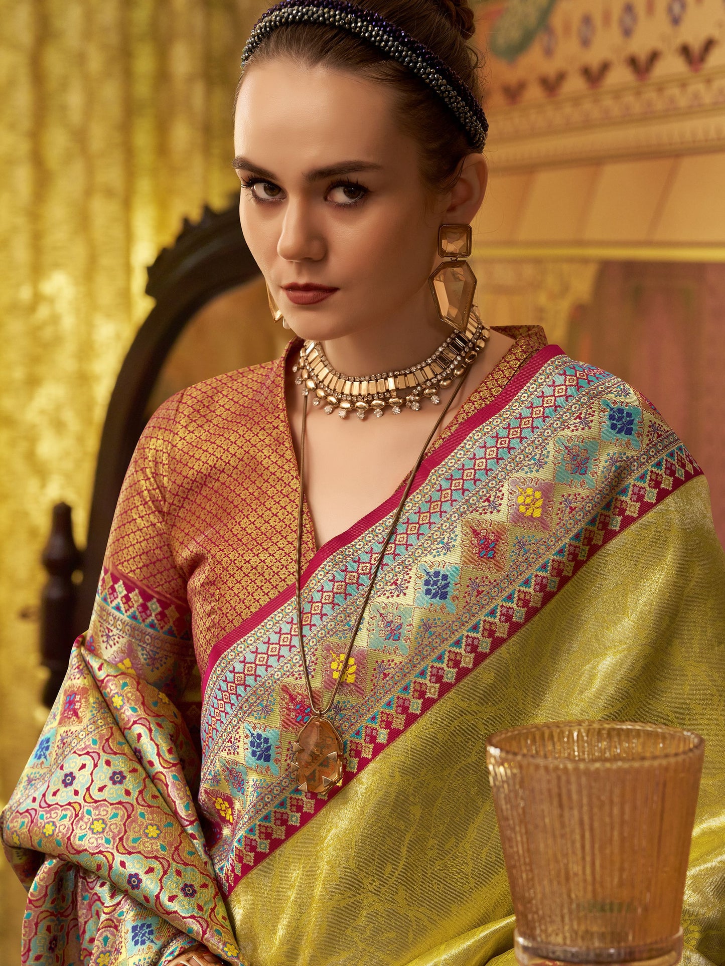 Yellow color tissue silk saree with blouse price