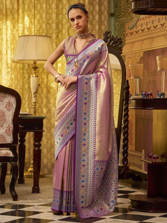 Pink color tissue silk saree for wedding
