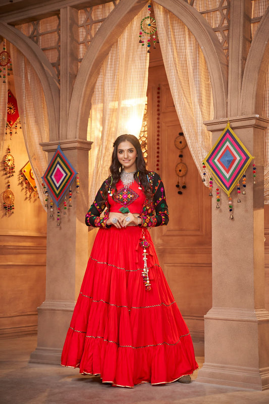 Thread Embroidered Rayon Lehenga Choli With Koti For Navratri