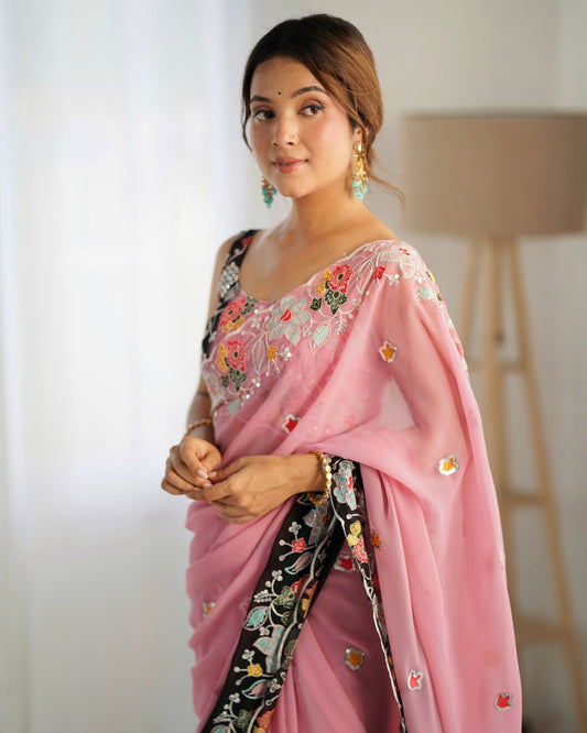 Pink color georgette embroidery work saree price
