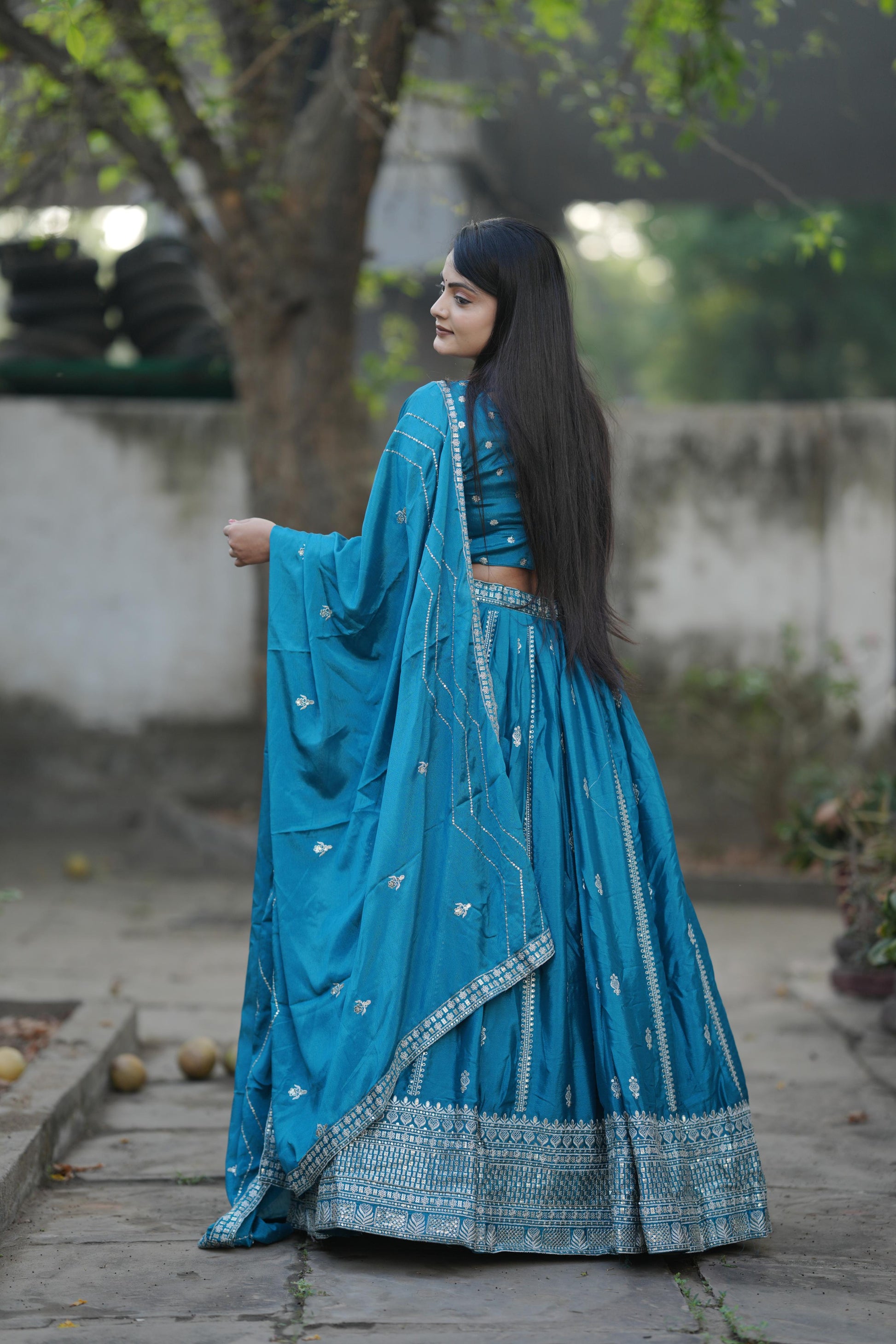 Firozi color chinon lehenga choli with dupatta