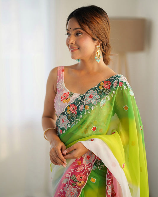 Green color georgette saree online shopping