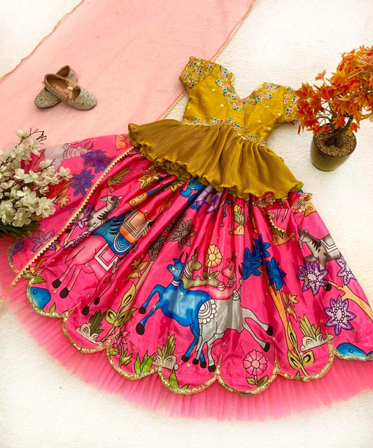 Pink color chinon silk lehenga choli with dupatta for party