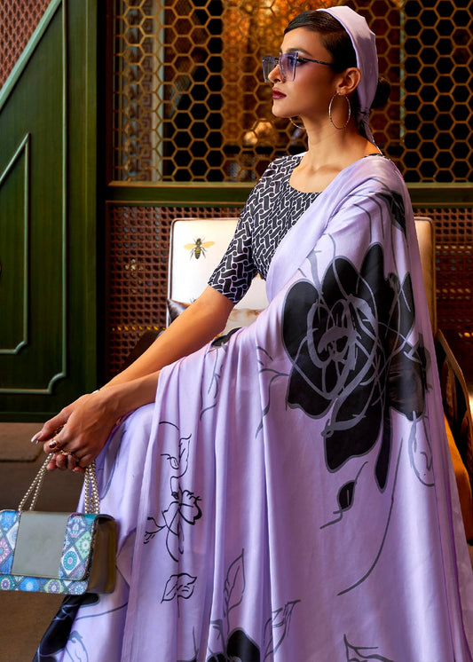Lavender color printed saree with blouse online