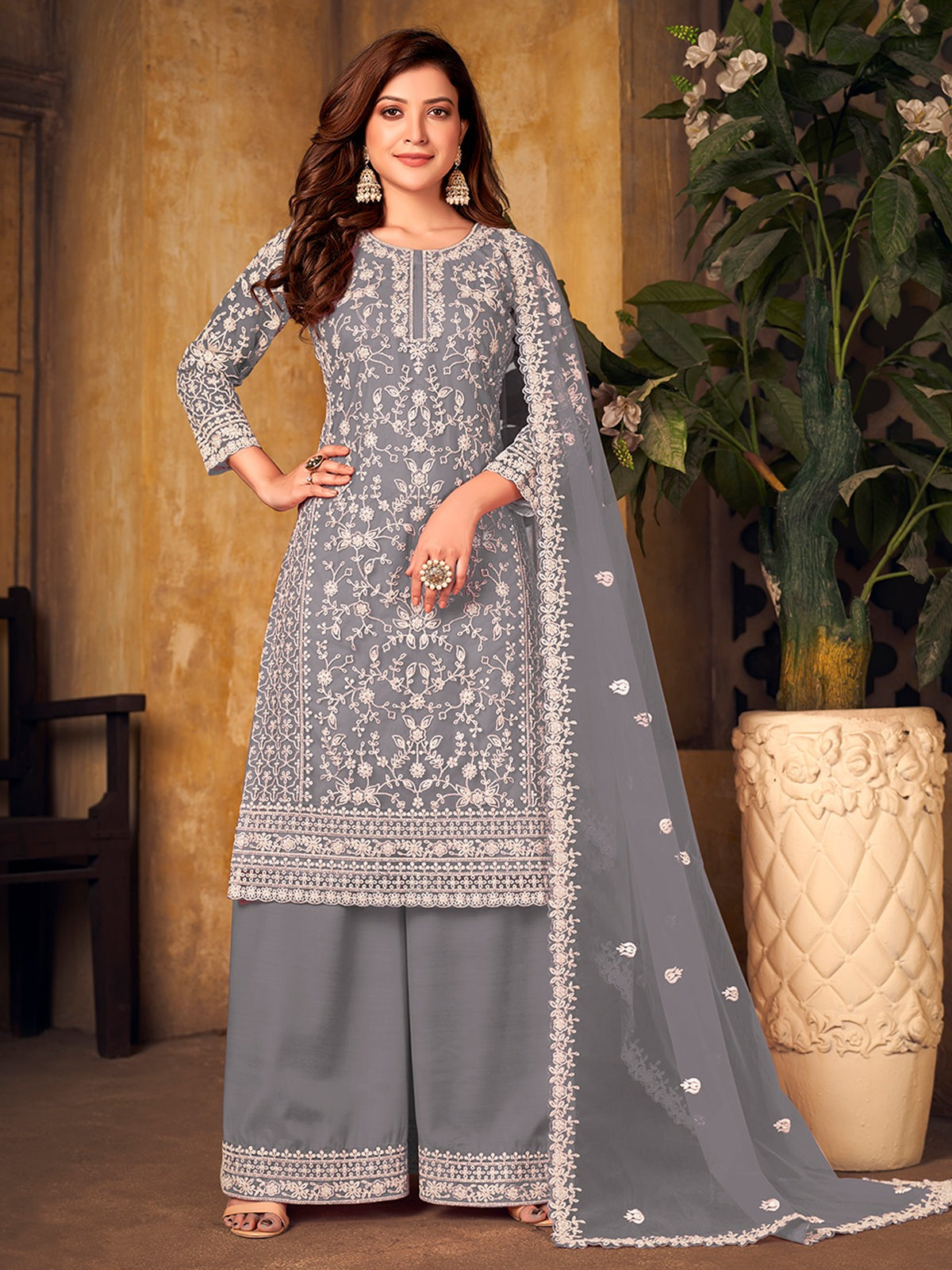 Grey Color Sequins Work Soft Net Eid Festival Sharara Suit Semi-Stitched / Grey Grey Color Sequins Work Soft Net Eid Festival Sharara Suit Semi-Stitched / Grey