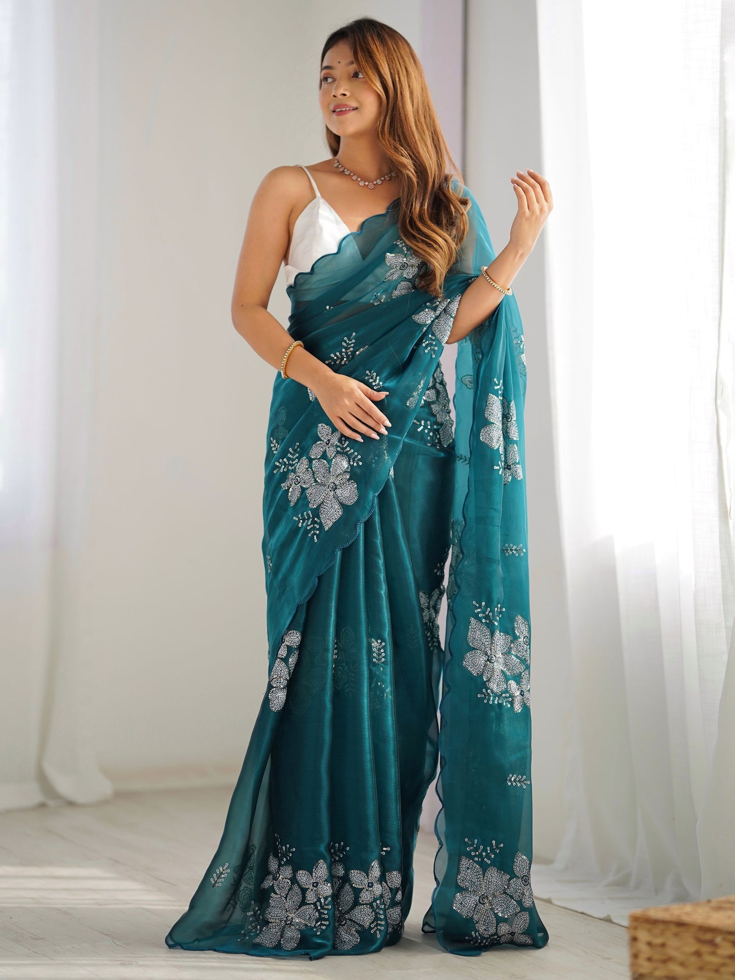 Rama color jimmy choo saree for women online shopping