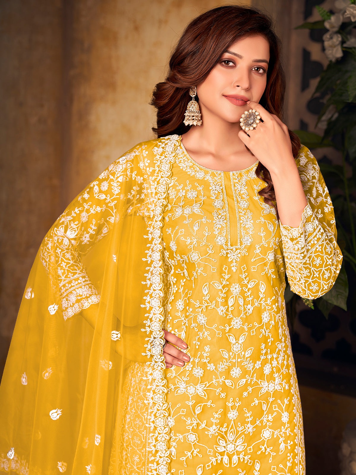 Wedding wear yellow color sharara suit