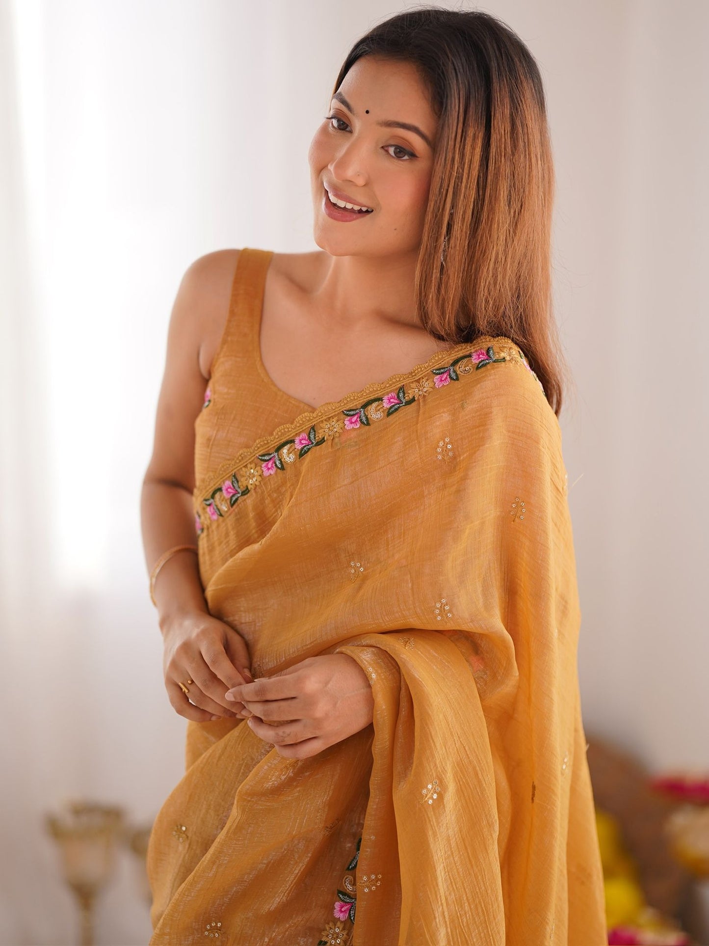 Mustard color pixel silk saree for party wear