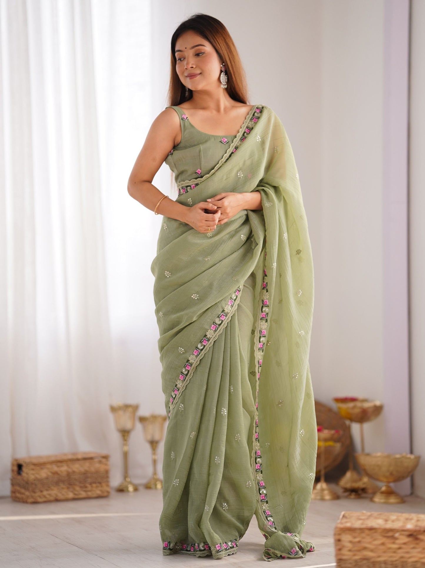 Green color silk saree for women price