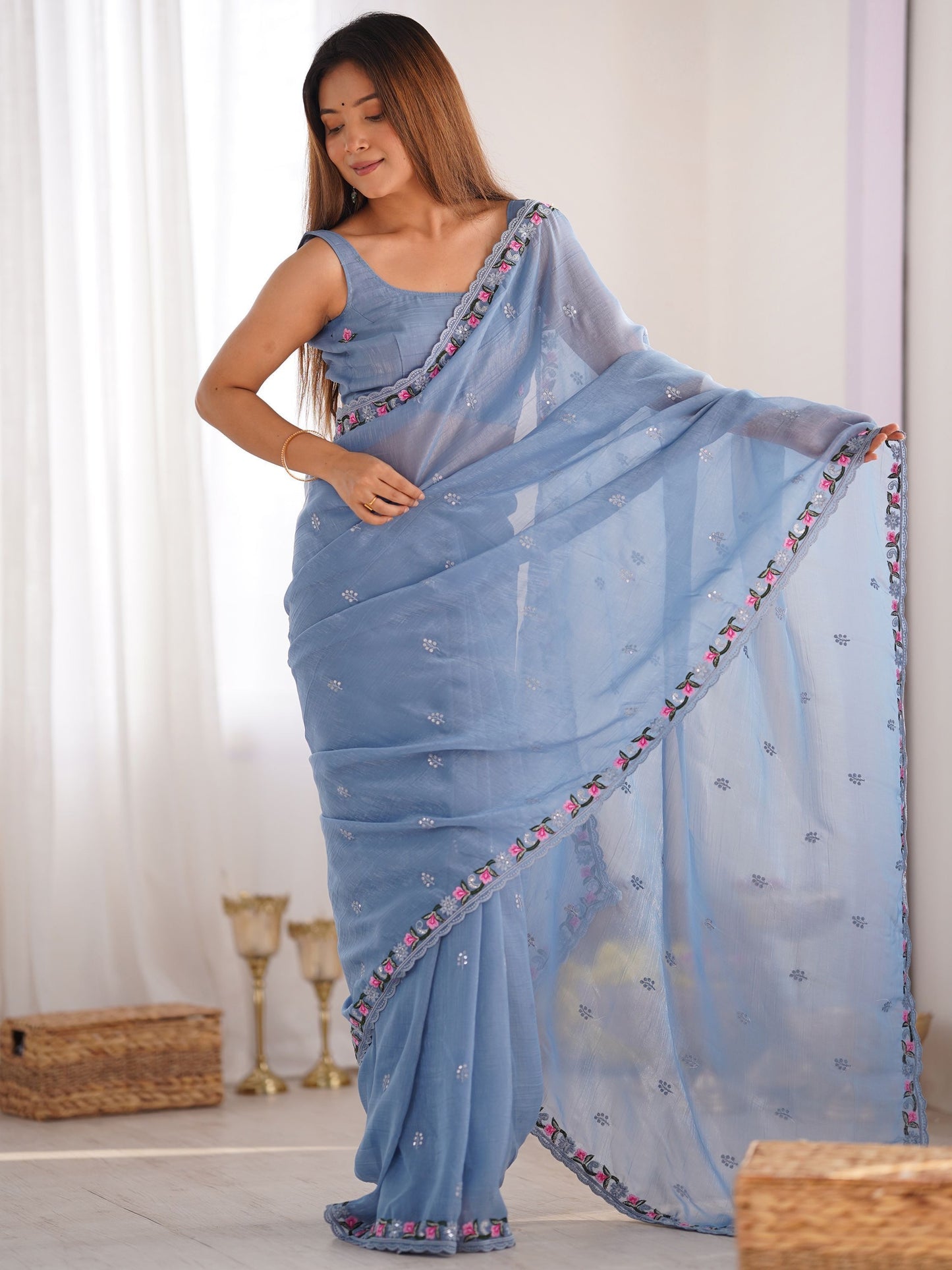 Pure sky color silk saree for women