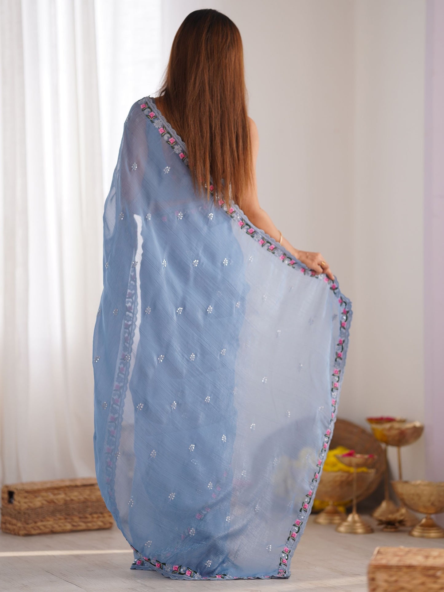 Sky color silk saree for women price