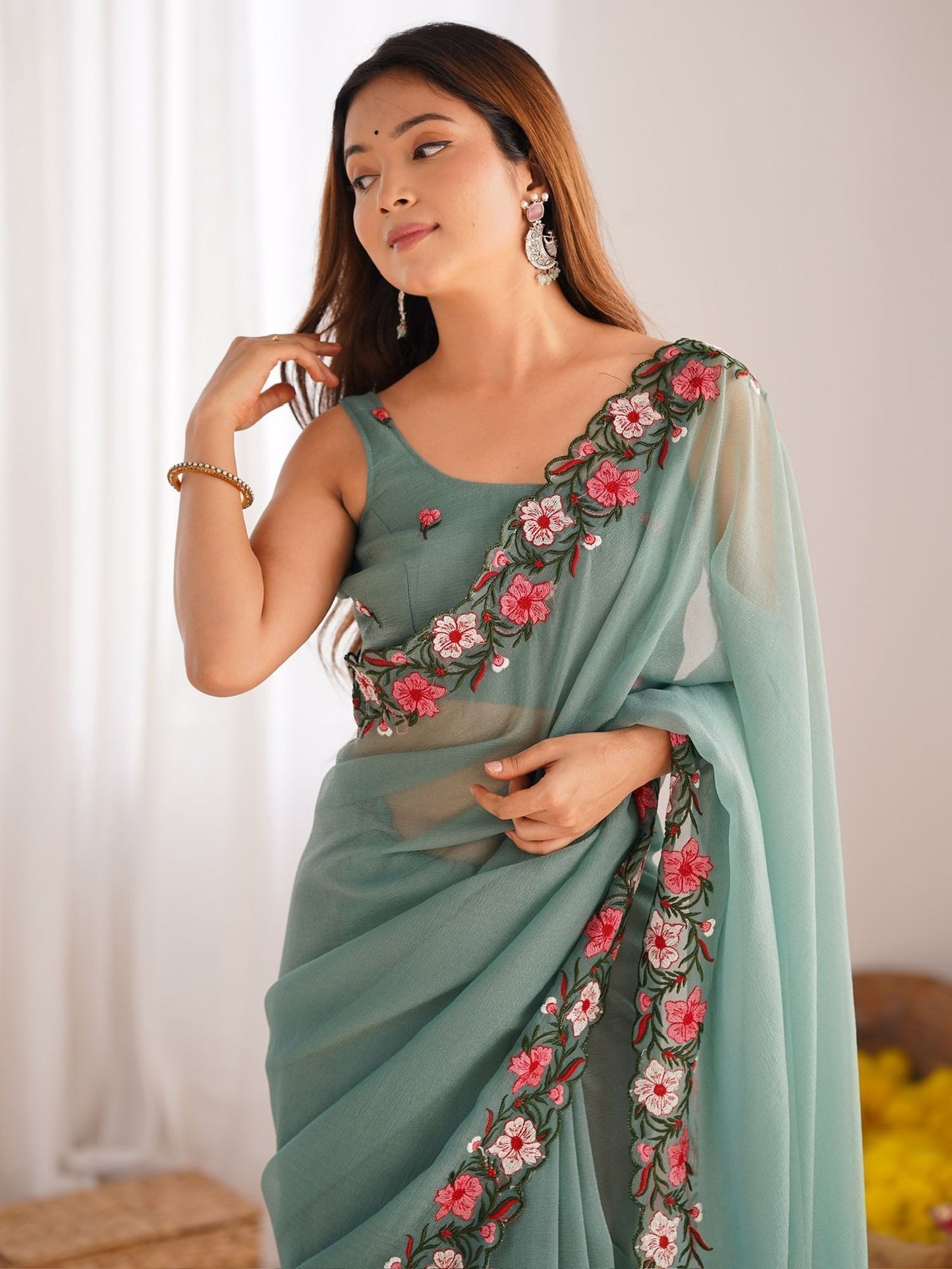 Green gold crush embroidery work saree for wedding