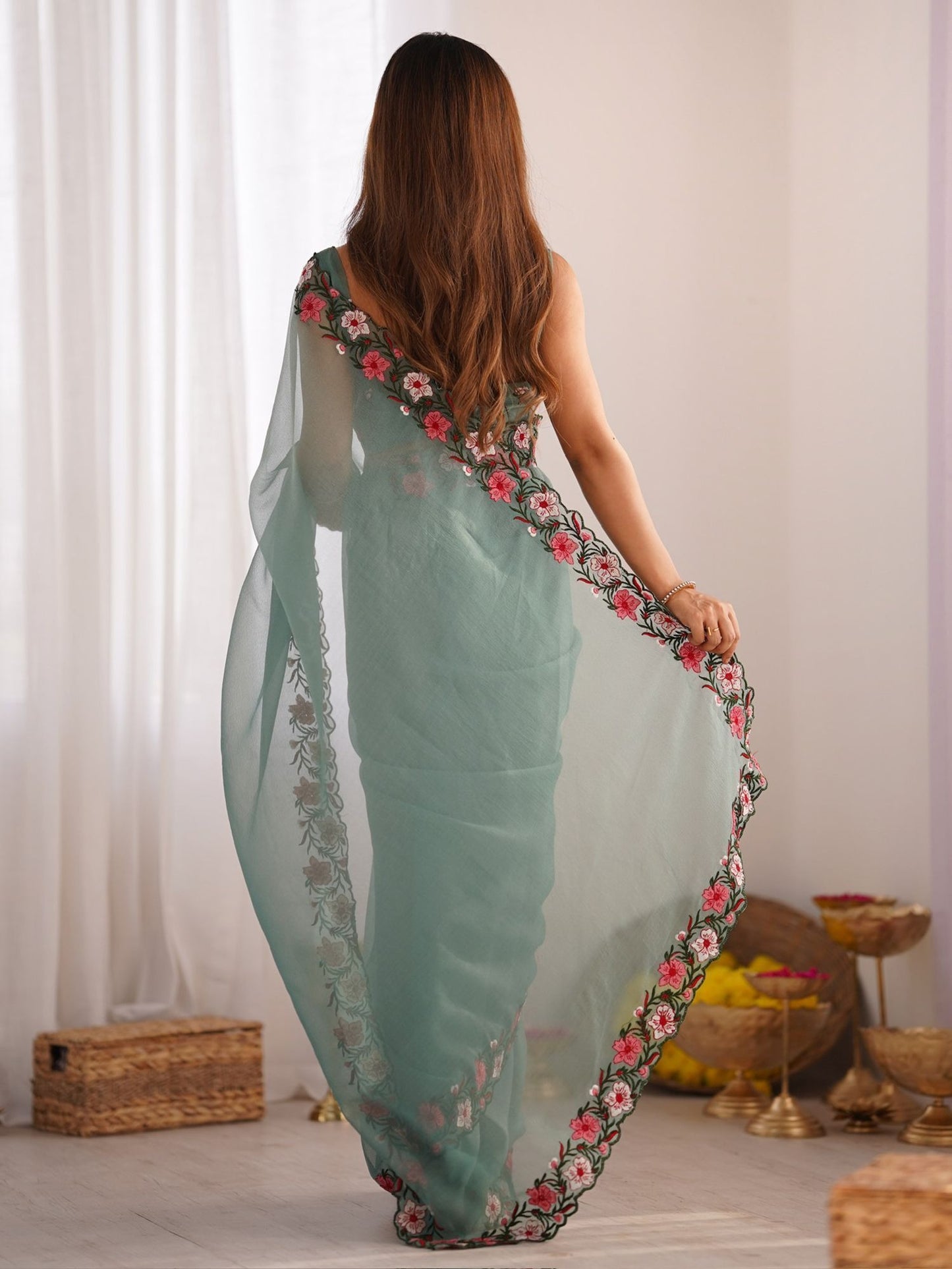 Green Color gold crush saree for women