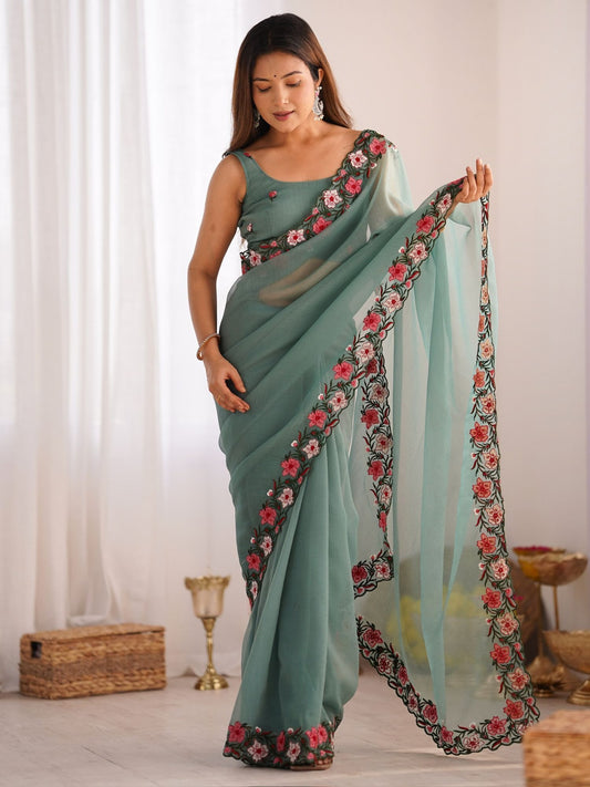 Green gold crush saree for women