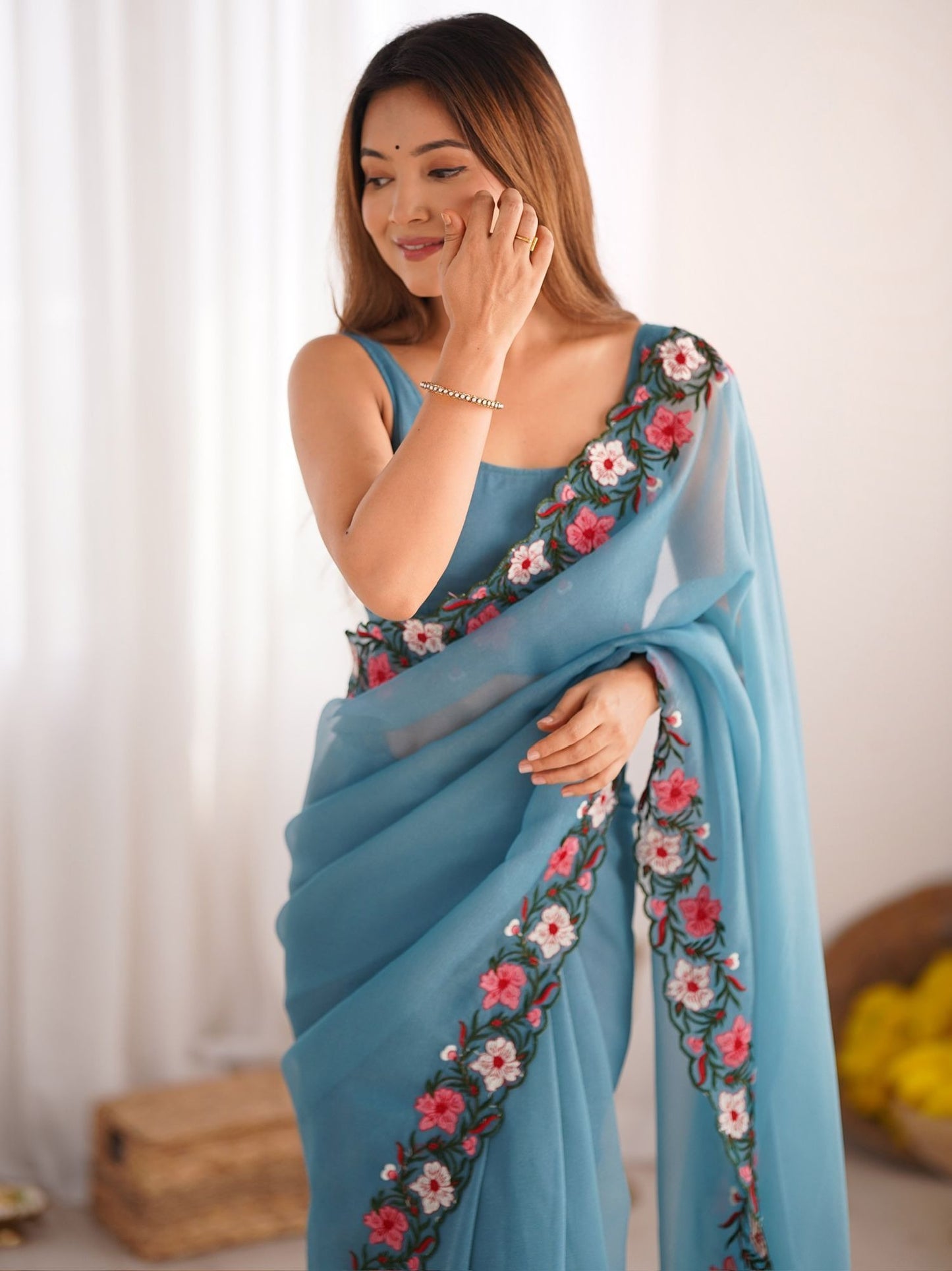 Sky blue gold crush saree for wedding