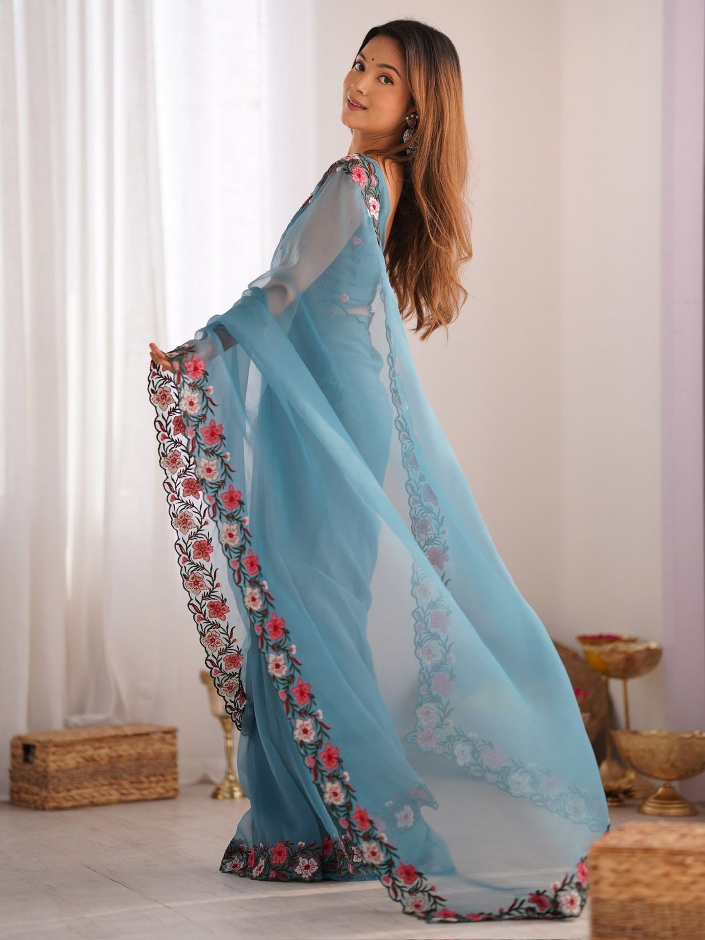 Sky blue gold crush saree images