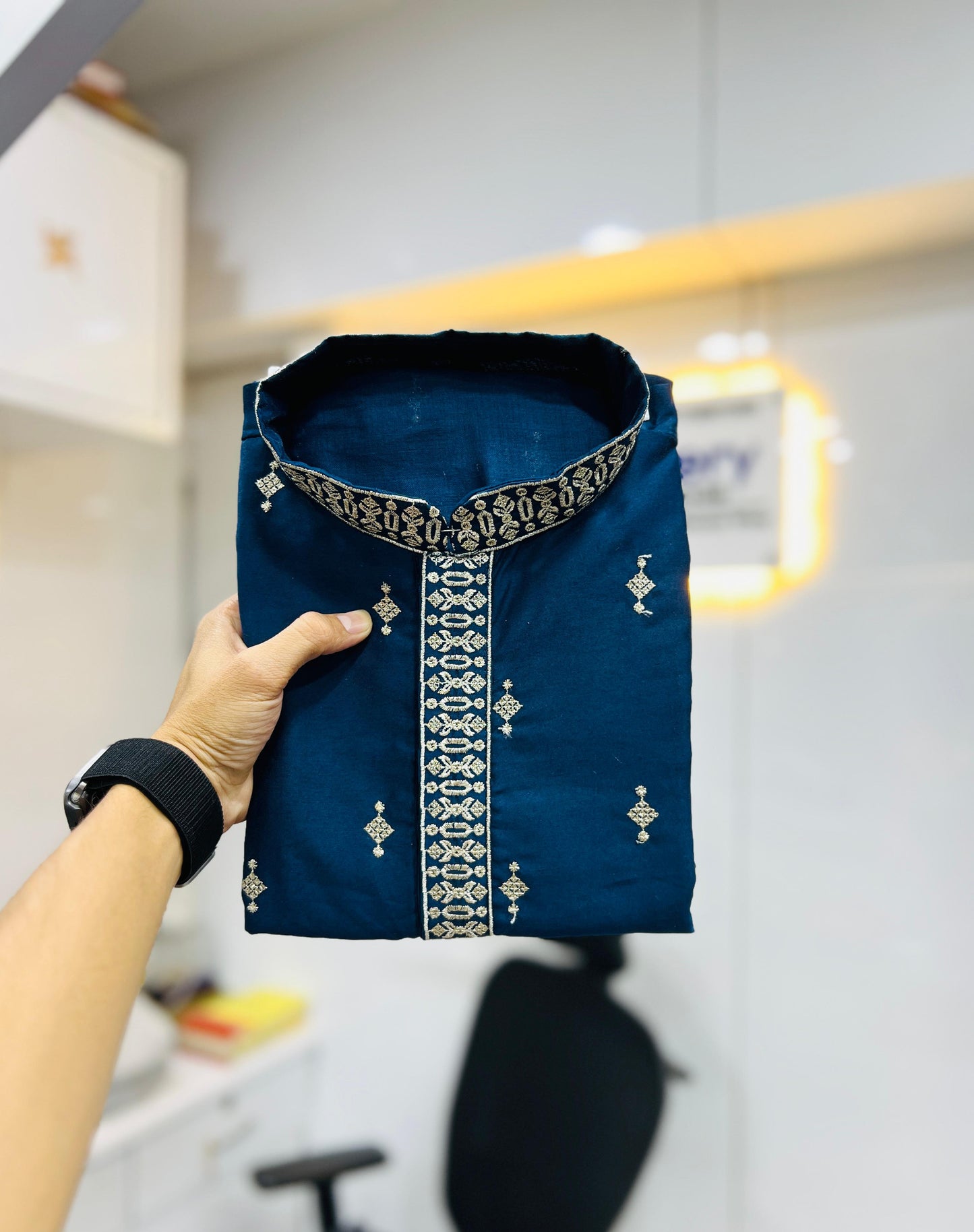 Teal Blue color silk embroidery work kurta pajama price