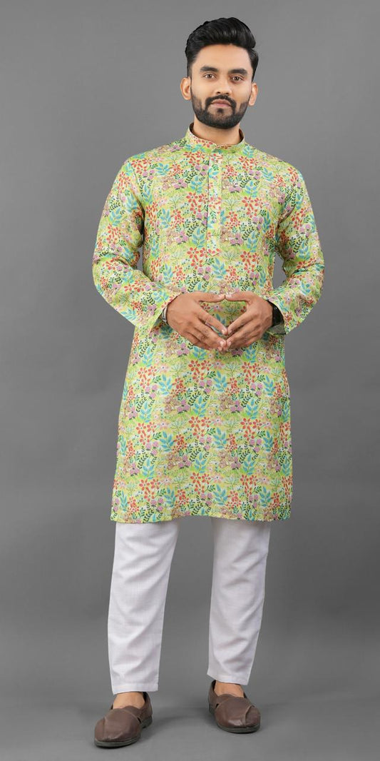 Pista color linen printed kurta for men's