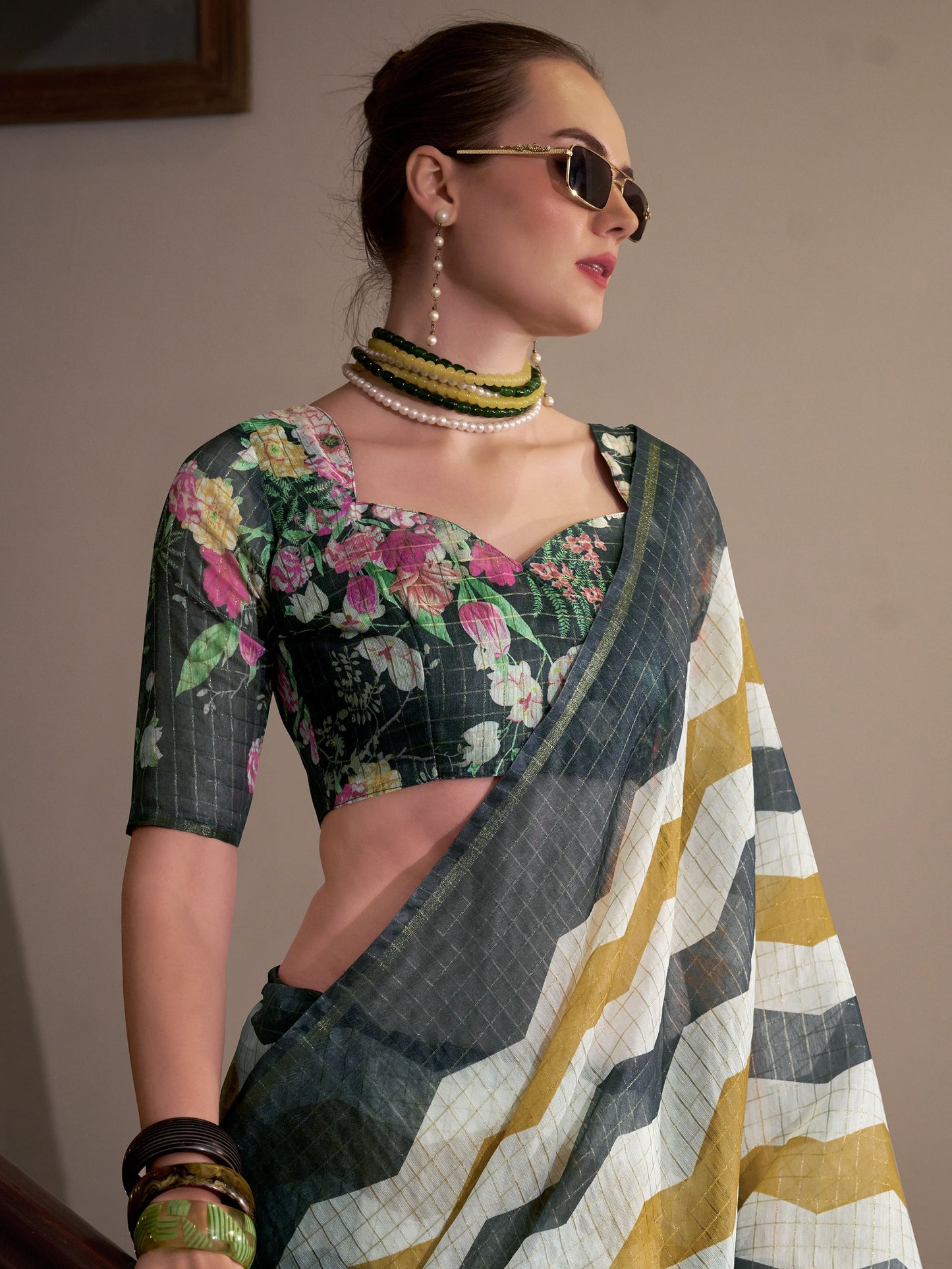 Grey color linen weaving saree for women with online shopping