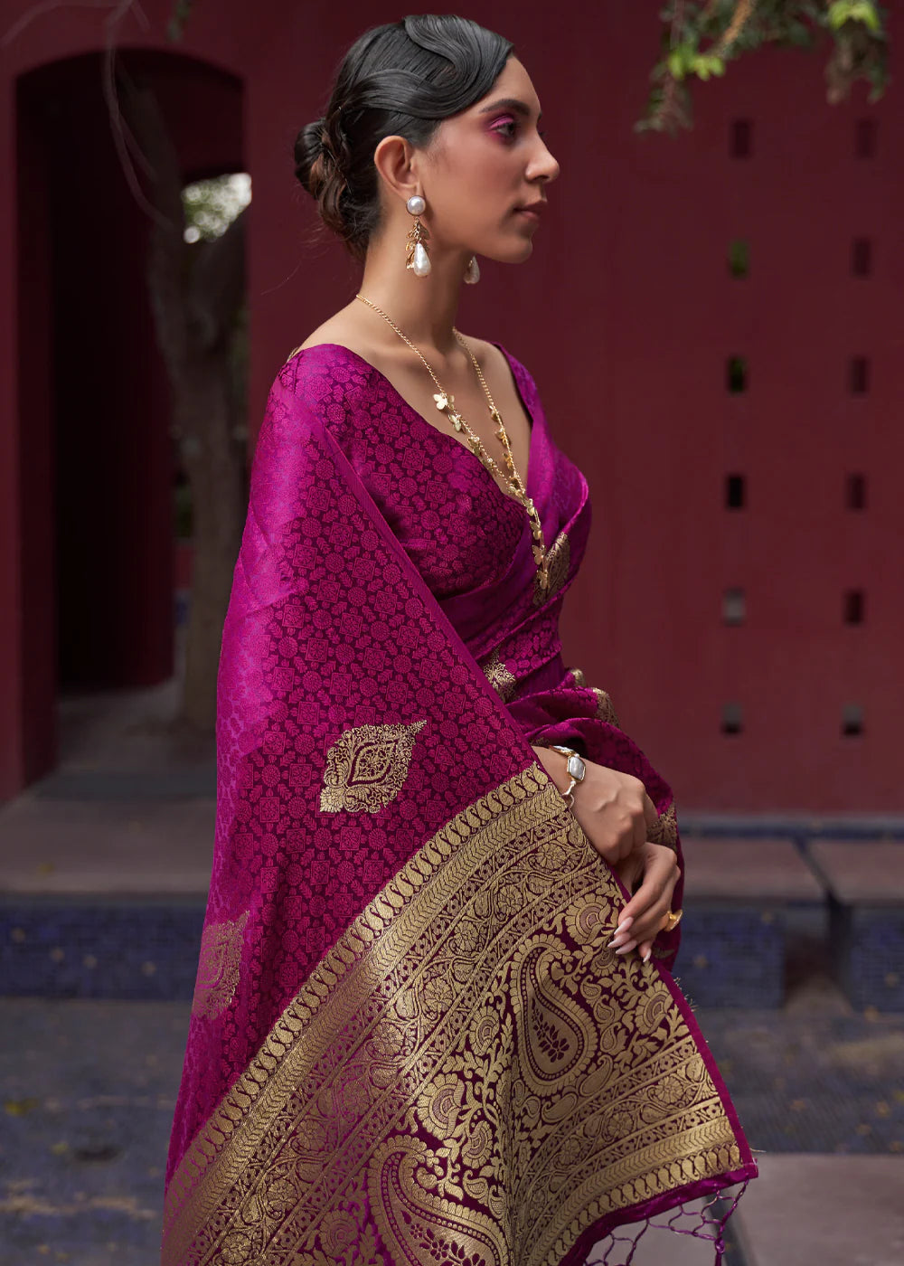 Purple color satin silk saree with blouse price