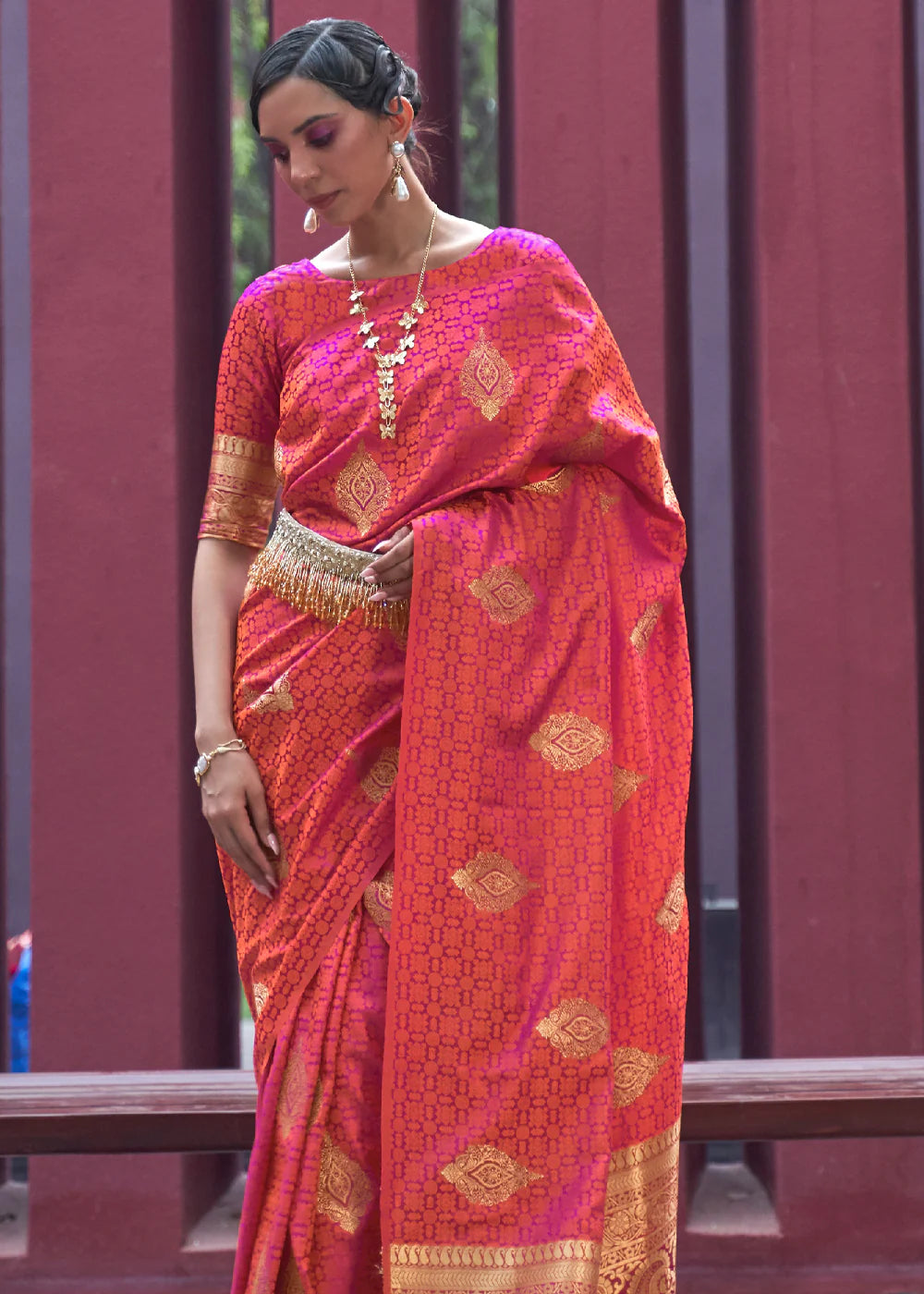 Pink color satin silk weaving saree with blouse price