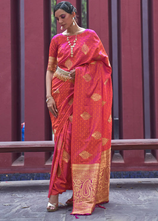 Pink color satin silk weaving saree with blouse online