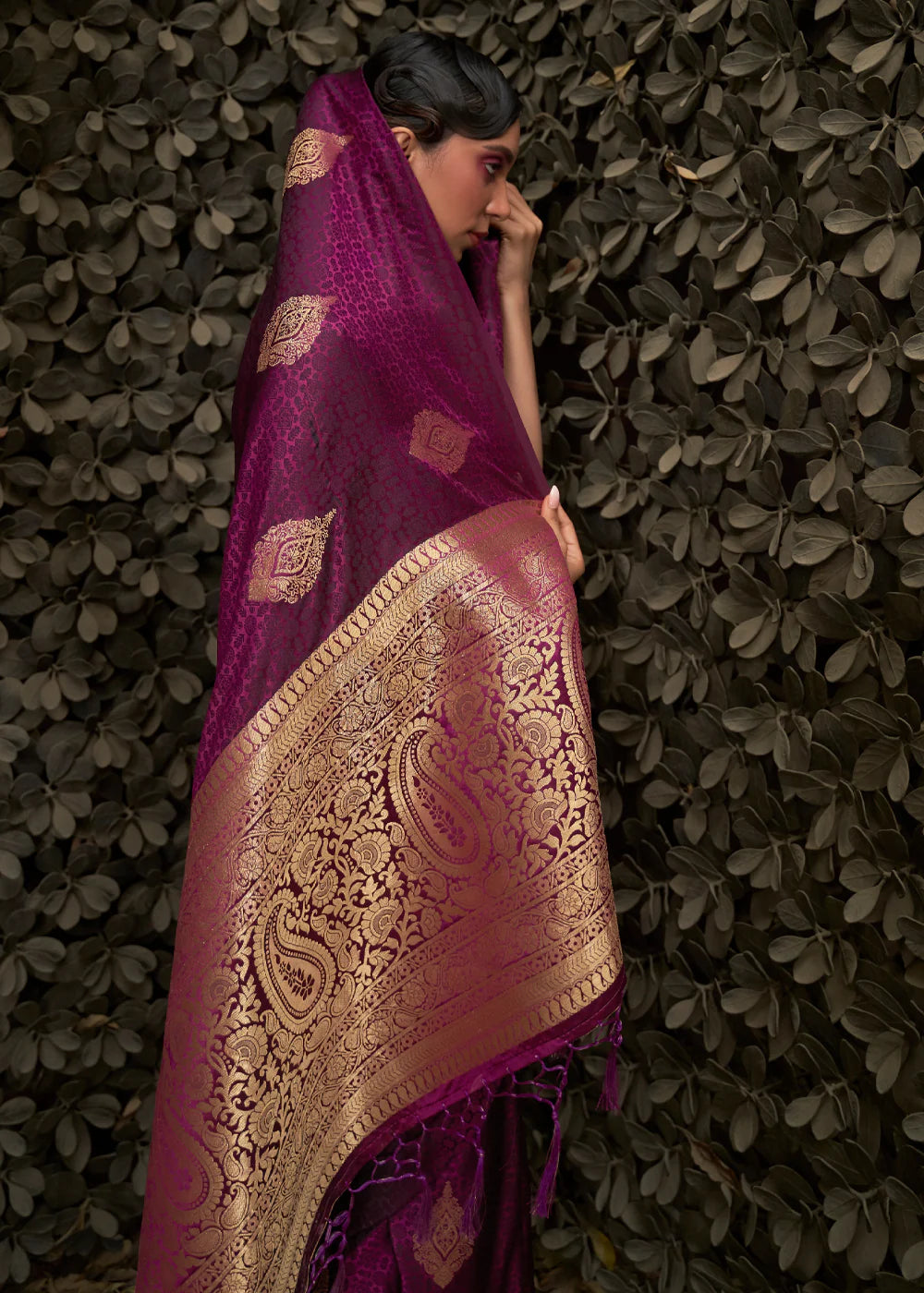 Wine color satin silk saree with blouse images